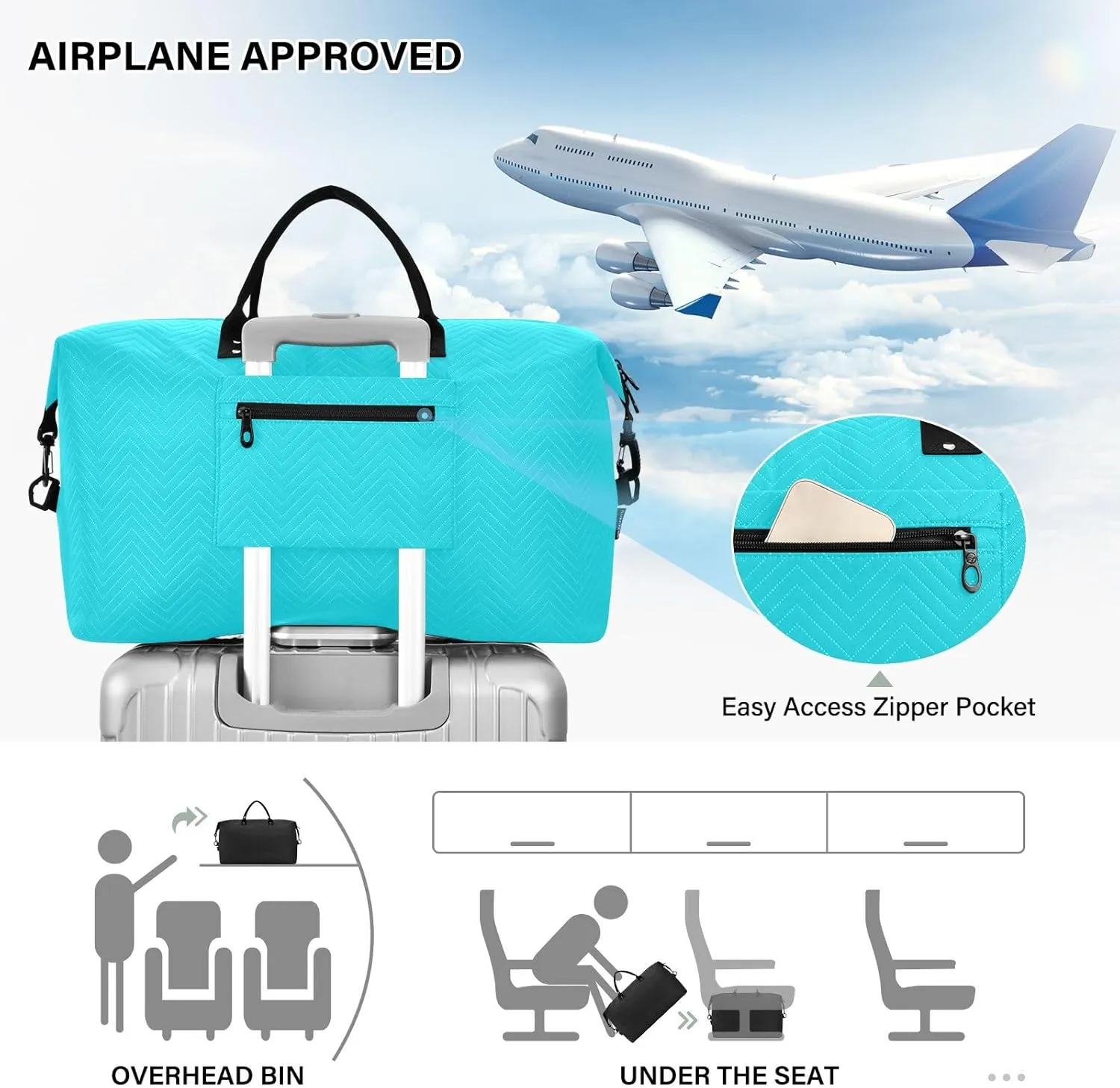 DOMIKING Bright Teal Personalized Duffel Bag Foldable Weekender Bag Overnight Bags for Women Men Custom Sport Gym Bag with Toiletry Bag for Travel Men Business, 2 Pcs