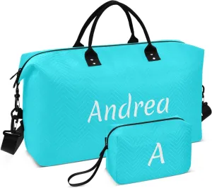 DOMIKING Bright Teal Personalized Duffel Bag Foldable Weekender Bag Overnight Bags for Women Men Custom Sport Gym Bag with Toiletry Bag for Travel Men Business, 2 Pcs
