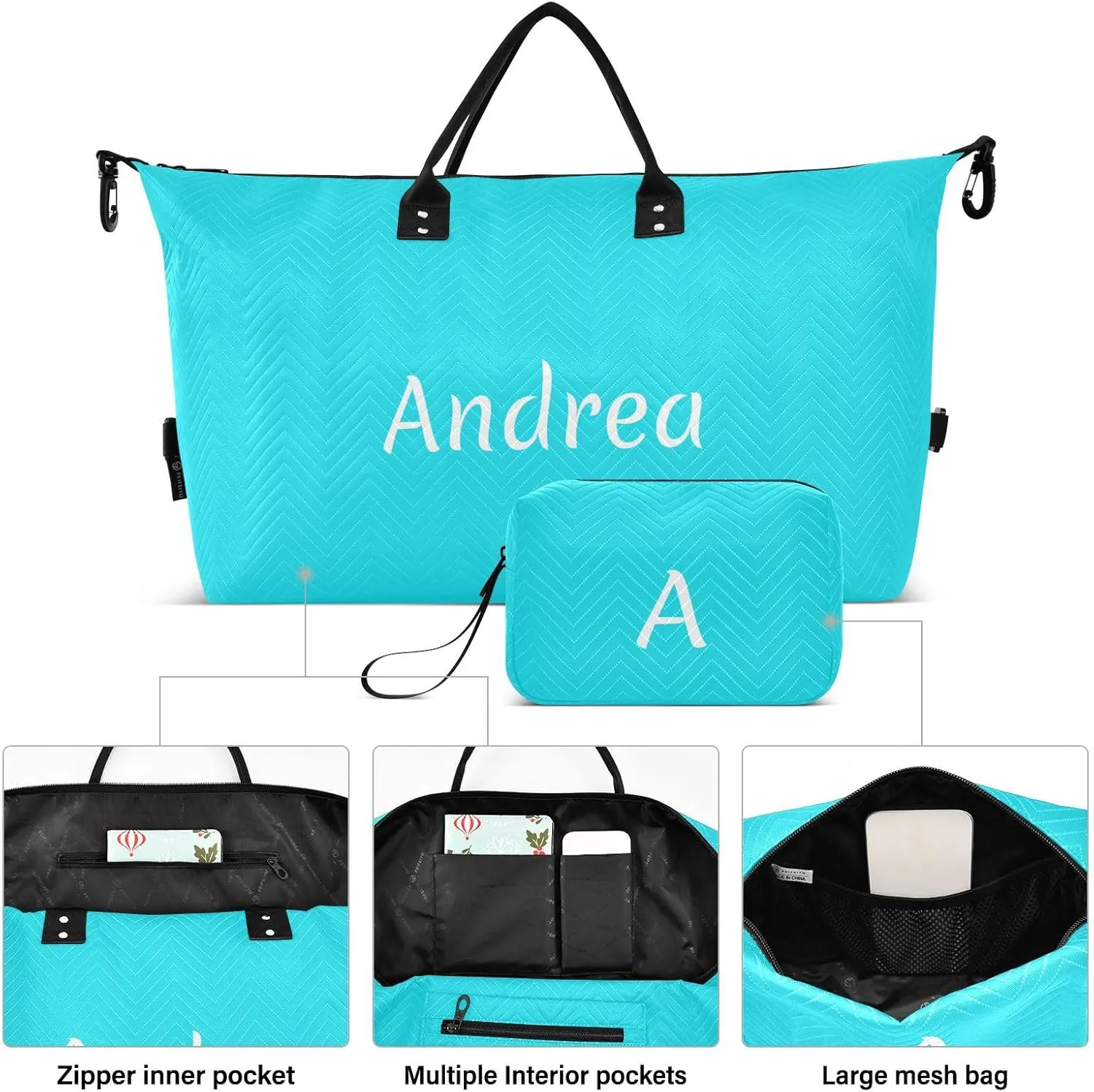 DOMIKING Bright Teal Personalized Duffel Bag Foldable Weekender Bag Overnight Bags for Women Men Custom Sport Gym Bag with Toiletry Bag for Travel Men Business, 2 Pcs