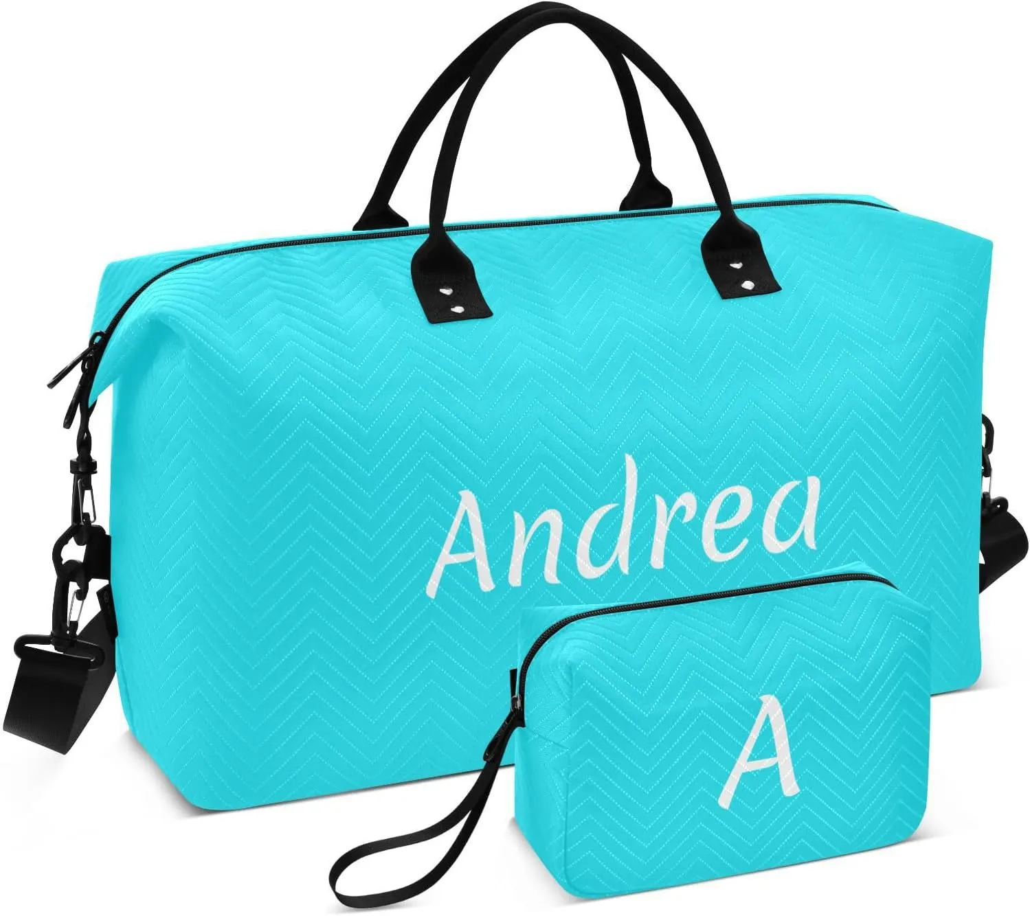 DOMIKING Bright Teal Personalized Duffel Bag Foldable Weekender Bag Overnight Bags for Women Men Custom Sport Gym Bag with Toiletry Bag for Travel Men Business, 2 Pcs
