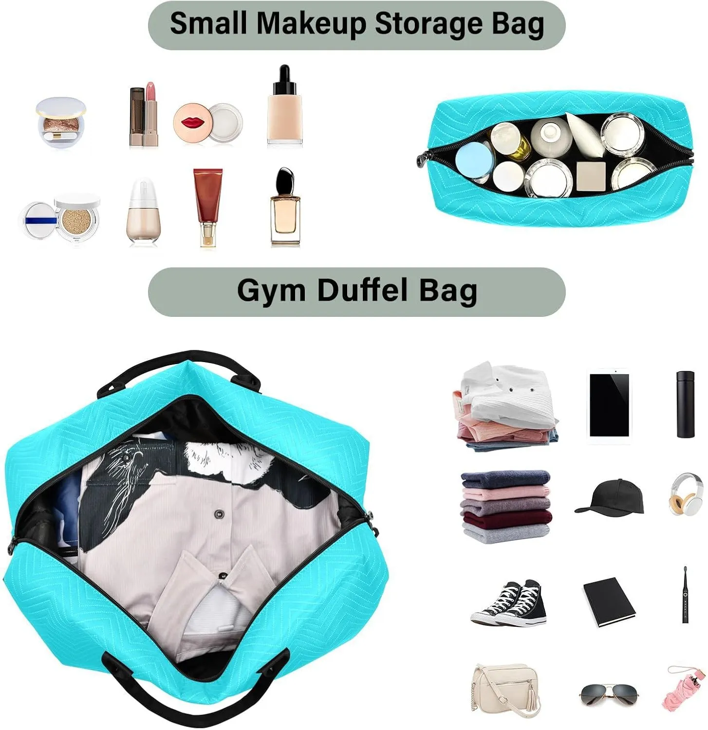 DOMIKING Bright Teal Personalized Duffel Bag Foldable Weekender Bag Overnight Bags for Women Men Custom Sport Gym Bag with Toiletry Bag for Travel Men Business, 2 Pcs