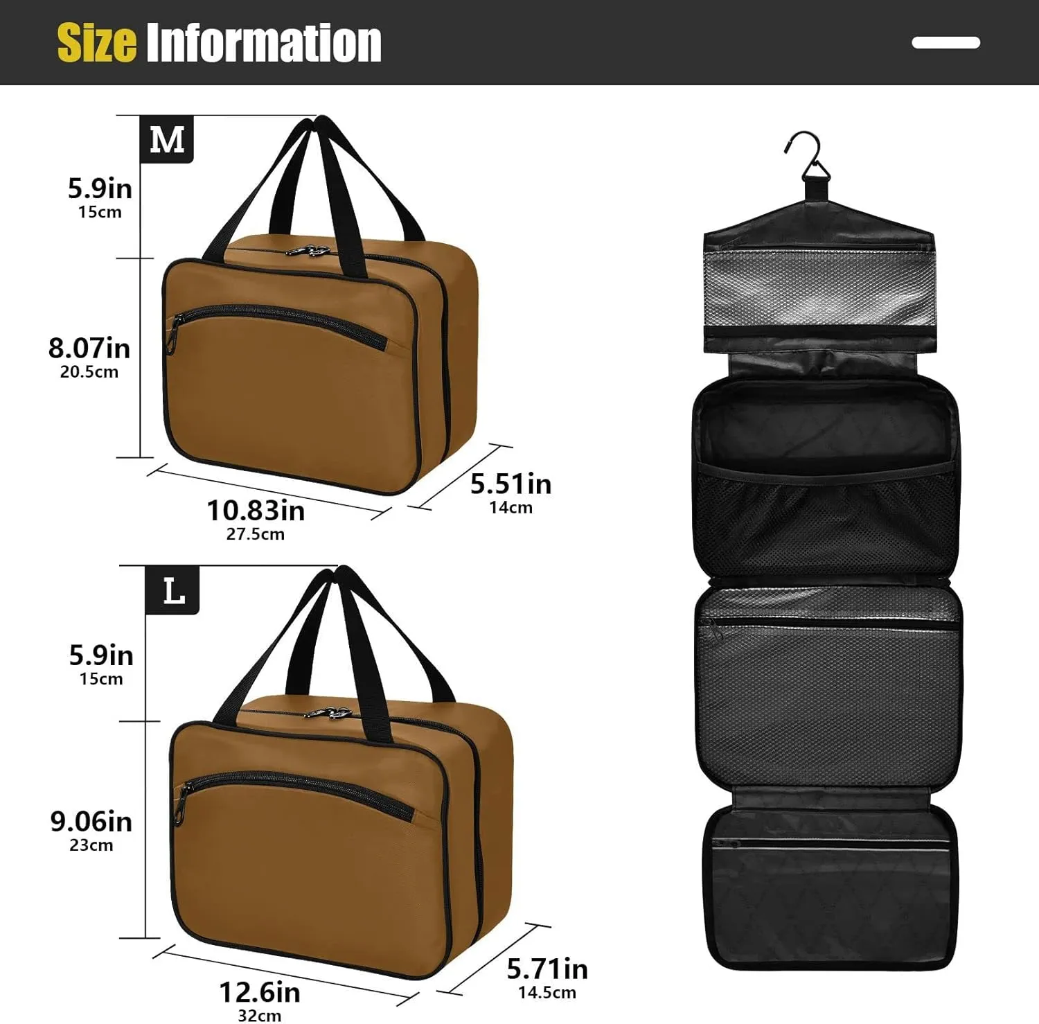 DOMIKING Brown Hanging Toiletry Bag Portable Cosmetic Bags Large Travel Makeup Organizers Pouch for Men Women Brushes Conditioner