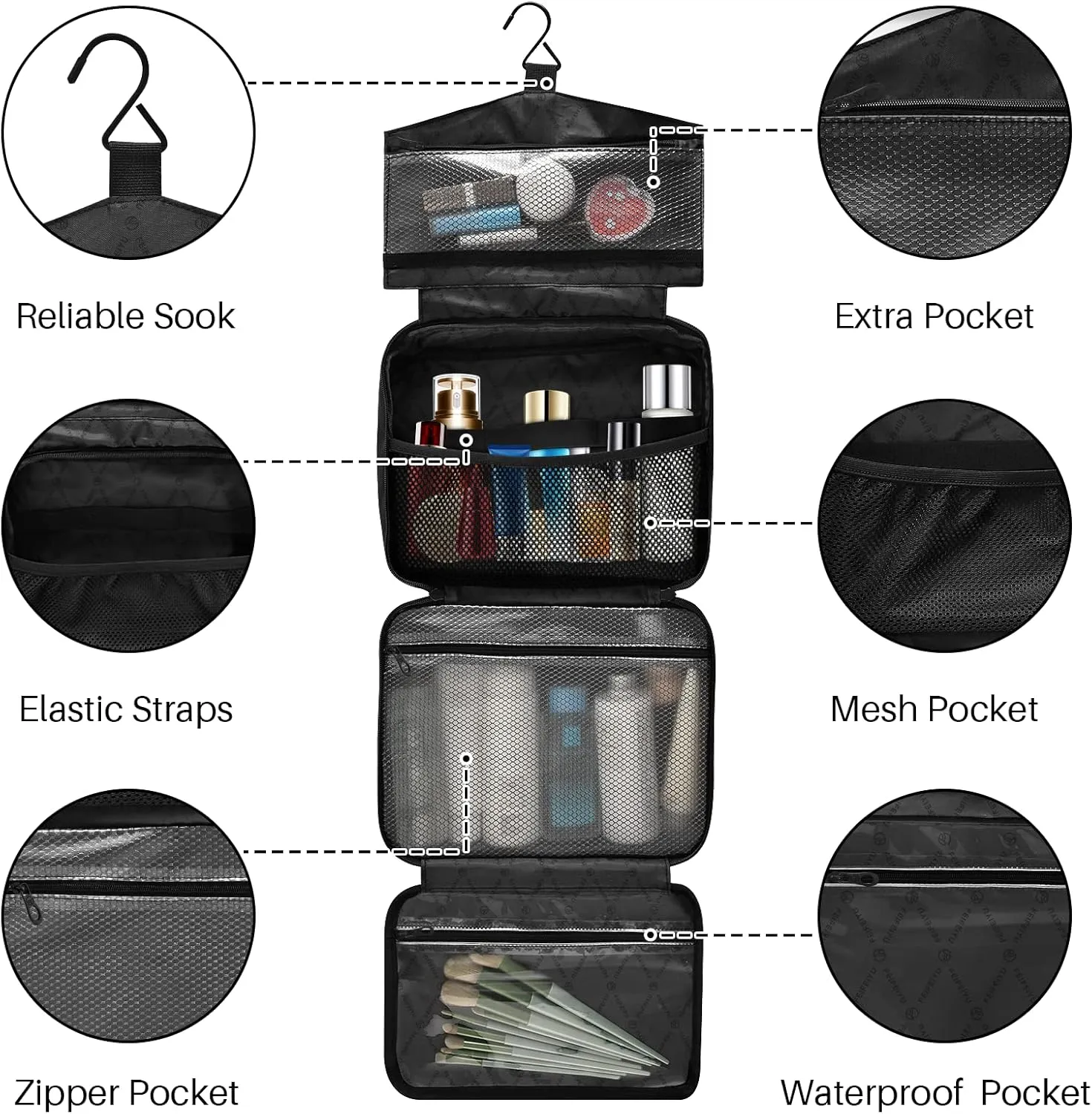 DOMIKING Brown Hanging Toiletry Bag Portable Cosmetic Bags Large Travel Makeup Organizers Pouch for Men Women Brushes Conditioner