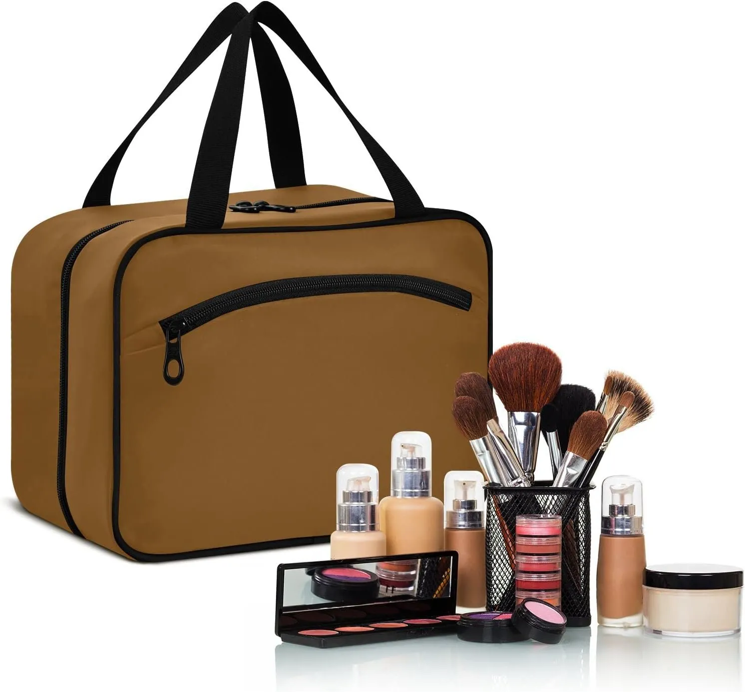 DOMIKING Brown Hanging Toiletry Bag Portable Cosmetic Bags Large Travel Makeup Organizers Pouch for Men Women Brushes Conditioner