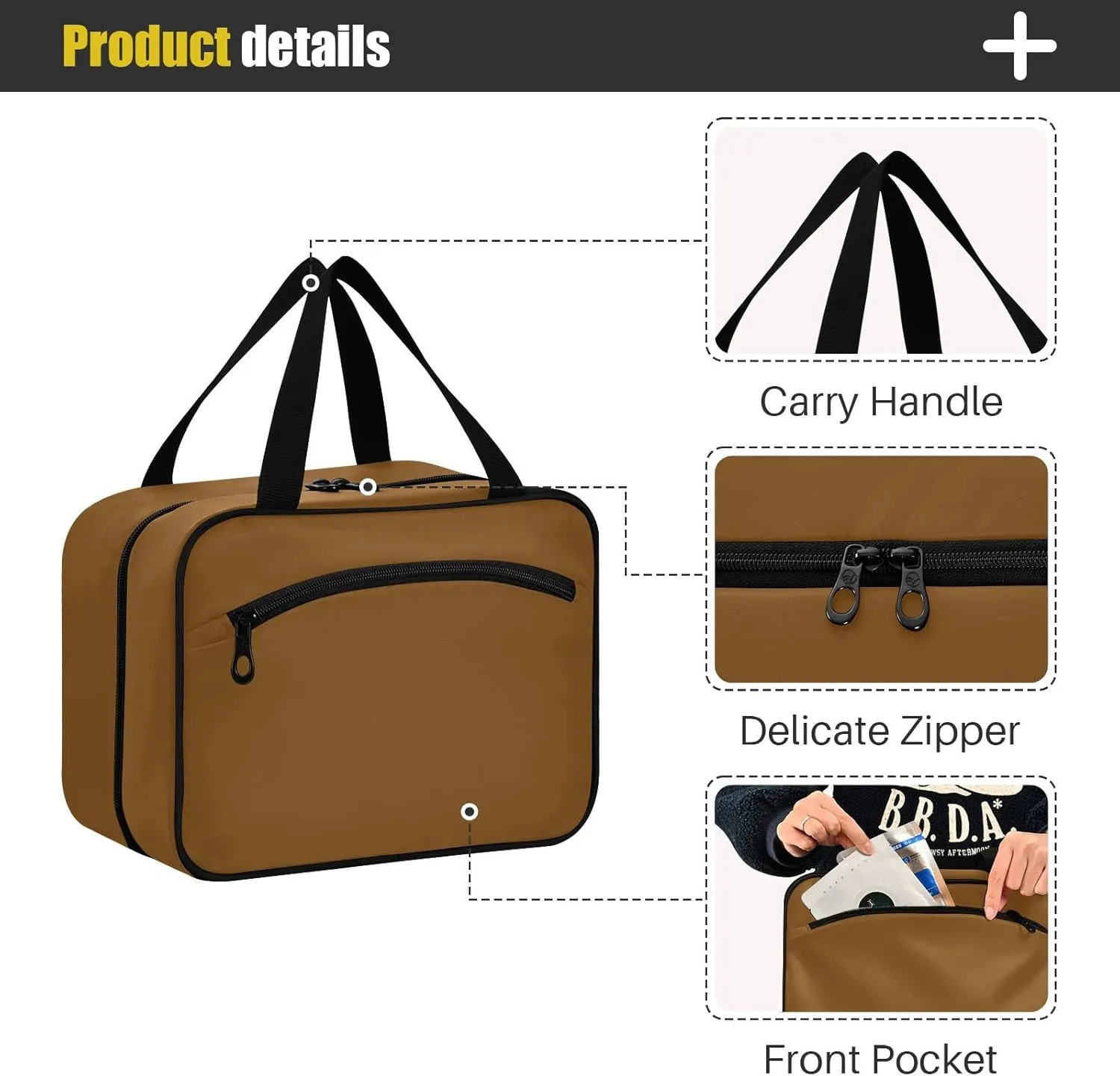 DOMIKING Brown Hanging Toiletry Bag Portable Cosmetic Bags Large Travel Makeup Organizers Pouch for Men Women Brushes Conditioner
