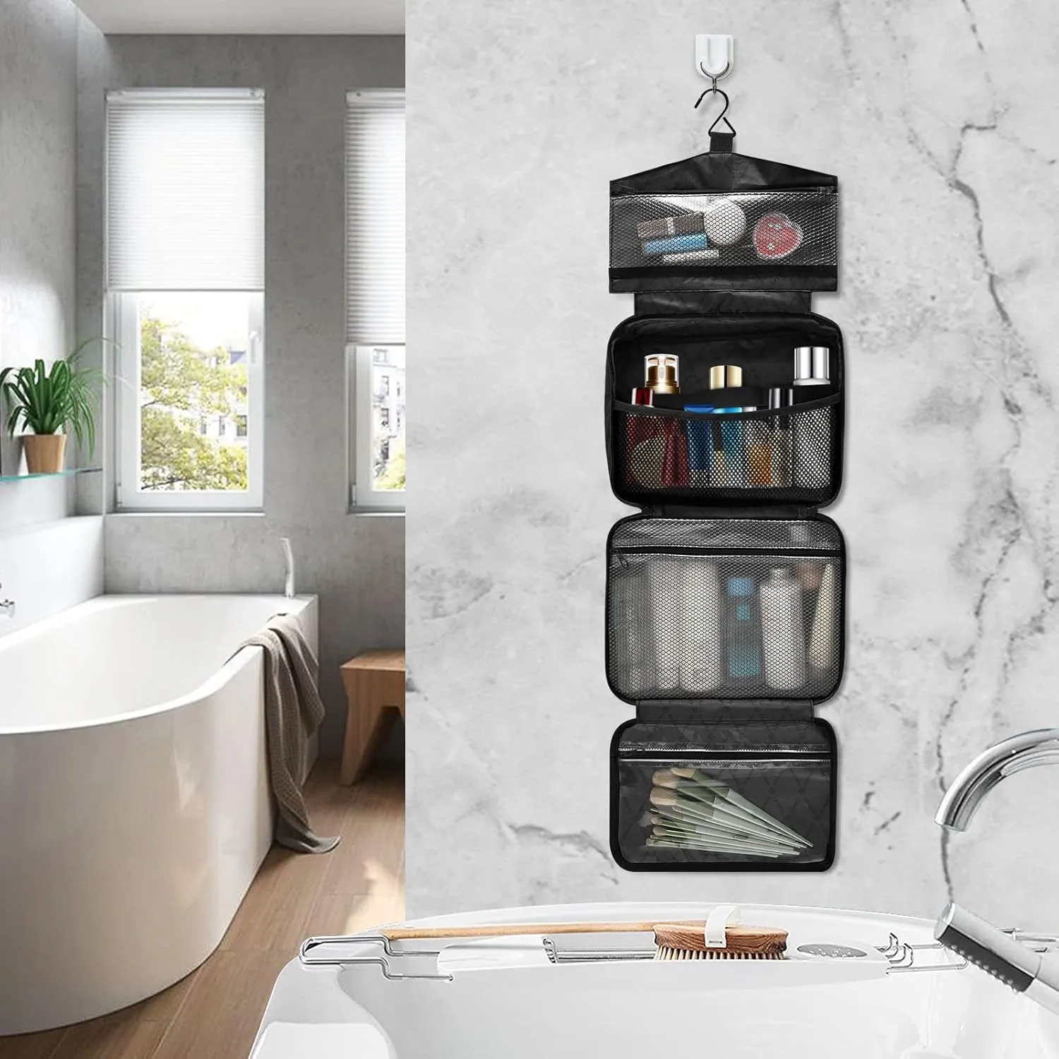 DOMIKING Brown Hanging Toiletry Bag Portable Cosmetic Bags Large Travel Makeup Organizers Pouch for Men Women Brushes Conditioner