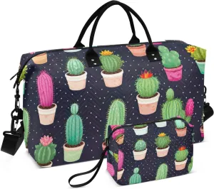 DOMIKING Cactus Flora Succulents Travel Duffle Bag Foldable Weekender Overnight Bags for Women Men Carry On Tote Bag Personal Item Travel Bag with Toiletry Bag for Sports Business Trip, 2 Pcs