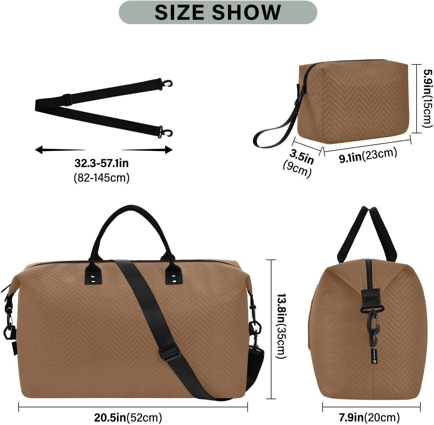 DOMIKING Husk Brown Travel Duffle Bag Foldable Weekender Overnight Bags for Women Men Carry On Tote Bag Personal Item Travel Bag with Toiletry Bag for Yoga Business Travel, 2 Pcs