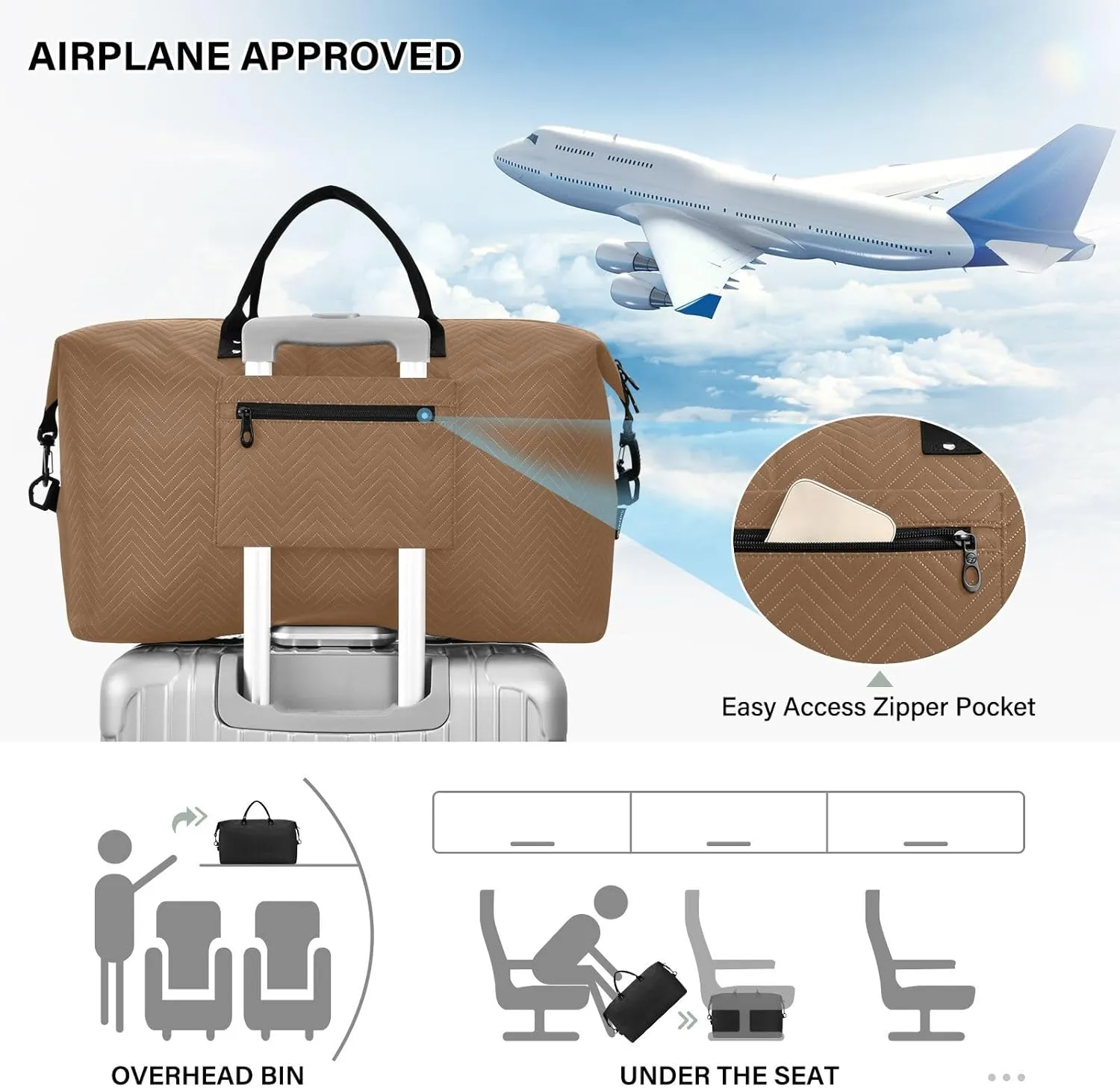 DOMIKING Husk Brown Travel Duffle Bag Foldable Weekender Overnight Bags for Women Men Carry On Tote Bag Personal Item Travel Bag with Toiletry Bag for Yoga Business Travel, 2 Pcs