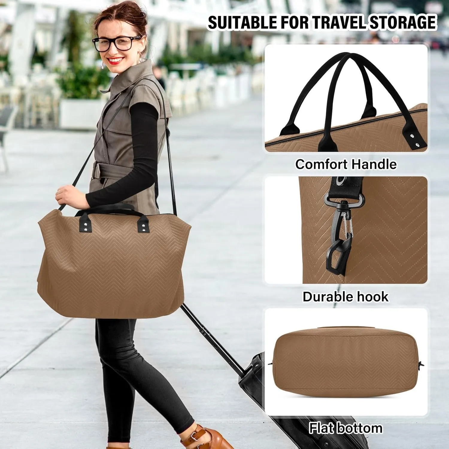 DOMIKING Husk Brown Travel Duffle Bag Foldable Weekender Overnight Bags for Women Men Carry On Tote Bag Personal Item Travel Bag with Toiletry Bag for Yoga Business Travel, 2 Pcs