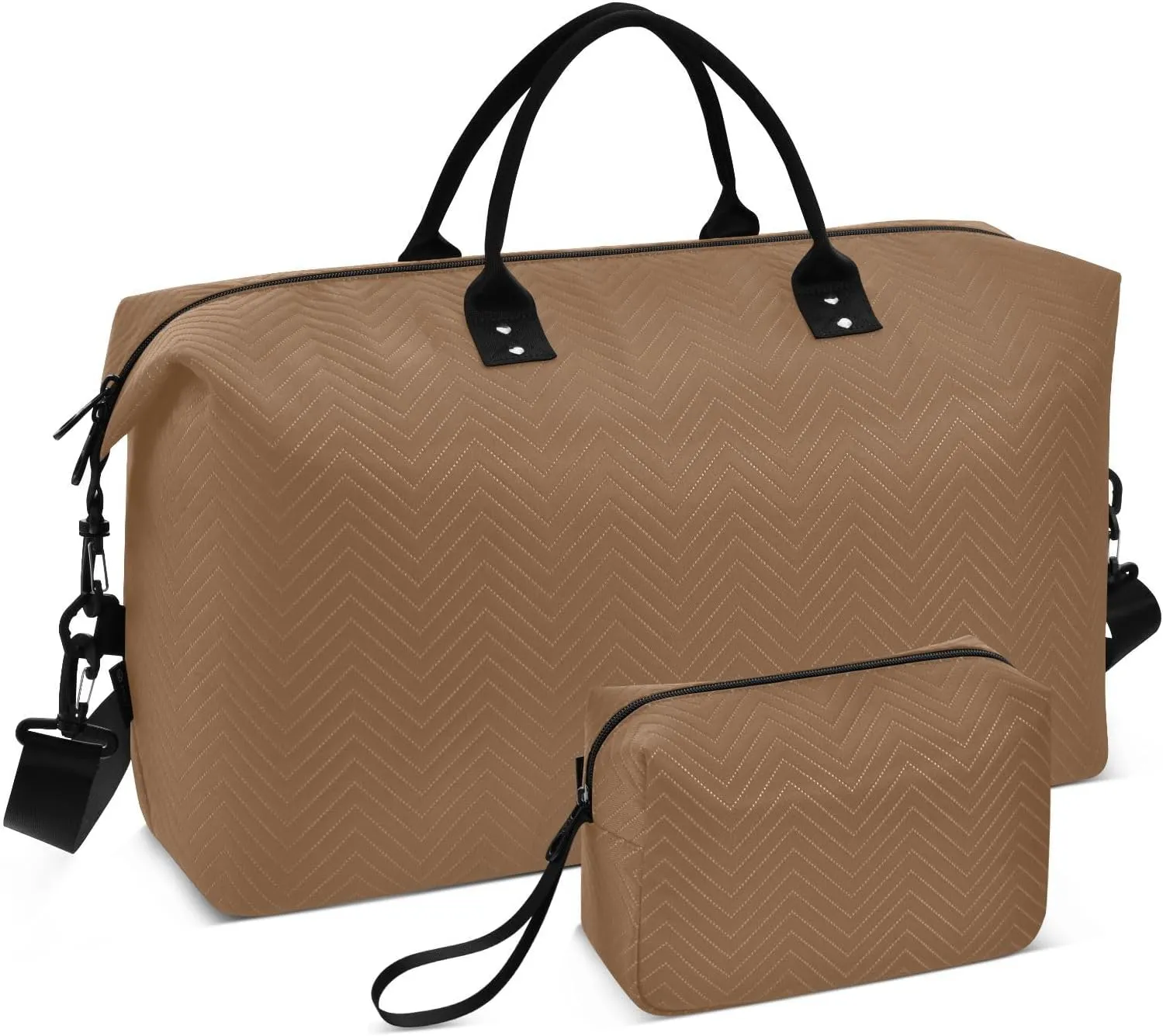 DOMIKING Husk Brown Travel Duffle Bag Foldable Weekender Overnight Bags for Women Men Carry On Tote Bag Personal Item Travel Bag with Toiletry Bag for Yoga Business Travel, 2 Pcs