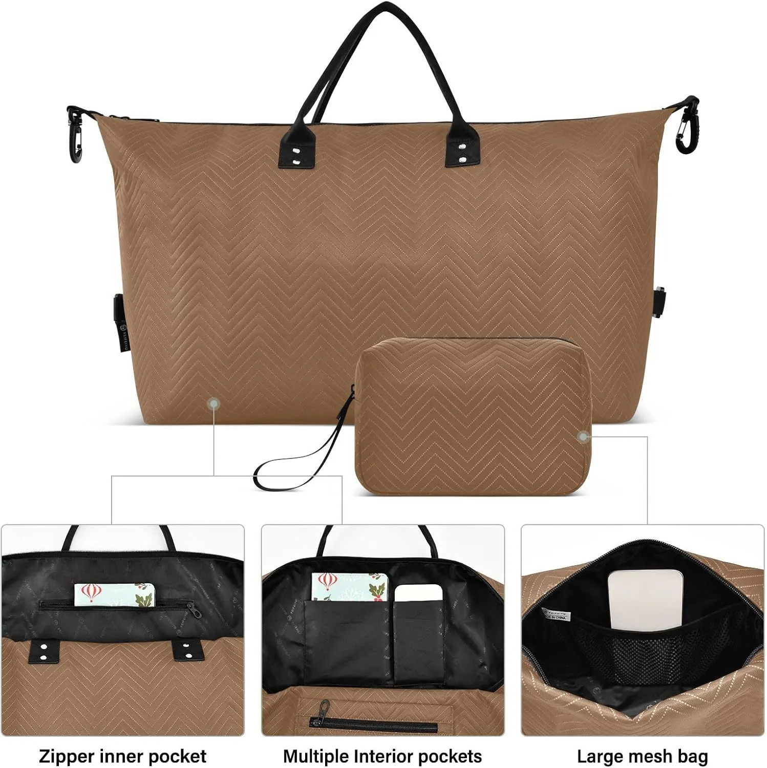 DOMIKING Husk Brown Travel Duffle Bag Foldable Weekender Overnight Bags for Women Men Carry On Tote Bag Personal Item Travel Bag with Toiletry Bag for Yoga Business Travel, 2 Pcs