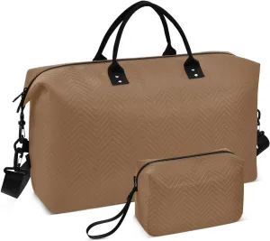 DOMIKING Husk Brown Travel Duffle Bag Foldable Weekender Overnight Bags for Women Men Carry On Tote Bag Personal Item Travel Bag with Toiletry Bag for Yoga Business Travel, 2 Pcs