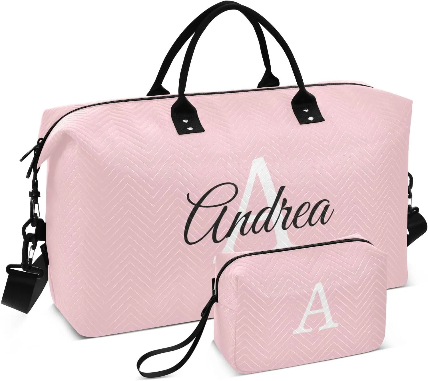 DOMIKING Light Pink Personalized Duffel Bag Foldable Weekender Bag Overnight Bags for Women Men Custom Gym Bag with Toiletry Bag for Trip Business Weekend, 2 Pcs