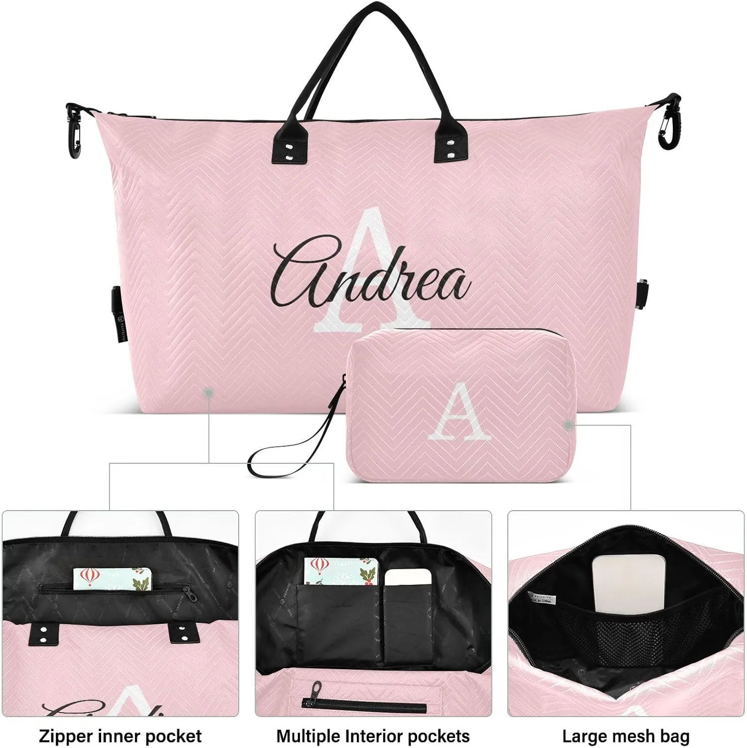 DOMIKING Light Pink Personalized Duffel Bag Foldable Weekender Bag Overnight Bags for Women Men Custom Gym Bag with Toiletry Bag for Trip Business Weekend, 2 Pcs