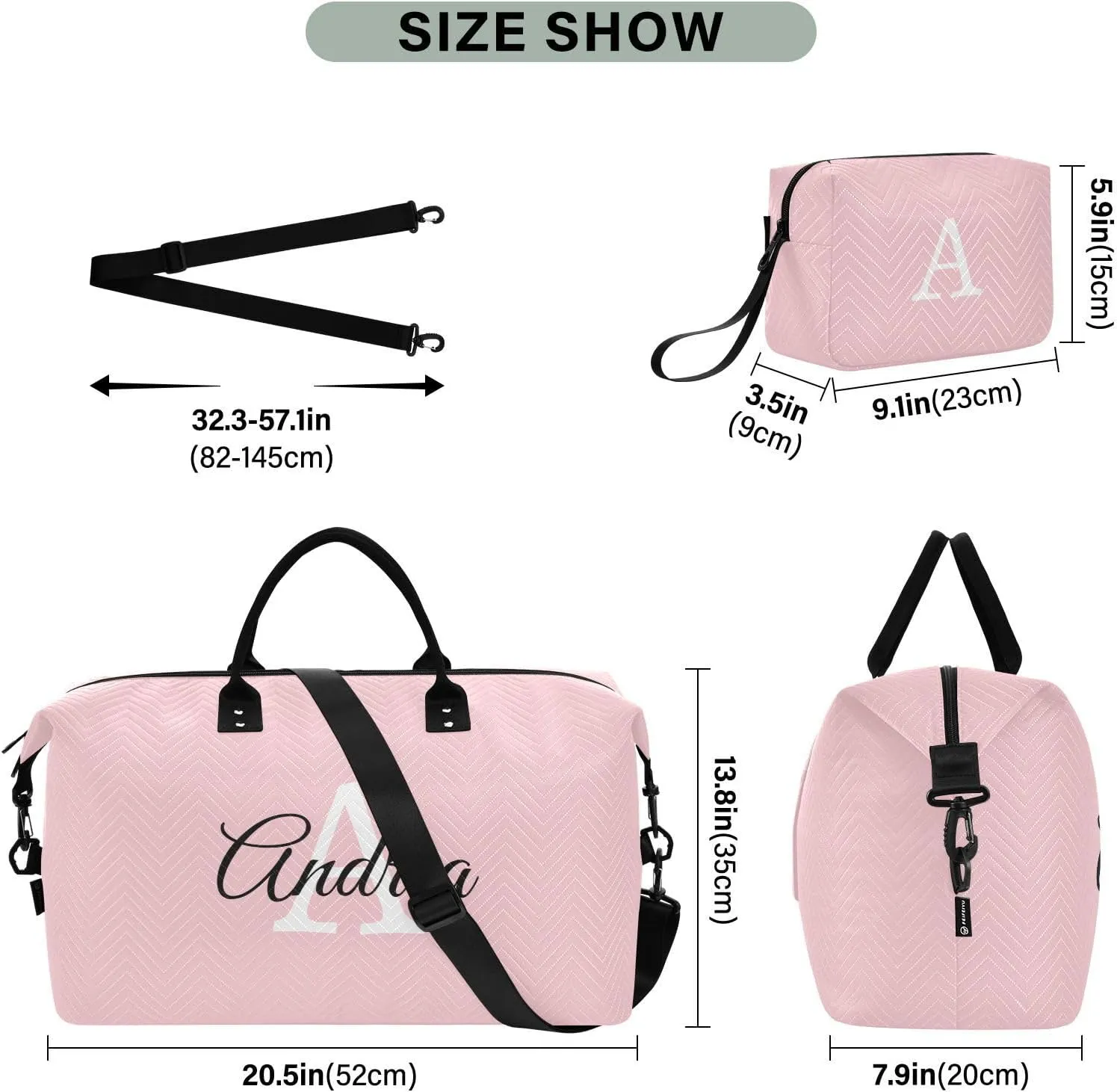 DOMIKING Light Pink Personalized Duffel Bag Foldable Weekender Bag Overnight Bags for Women Men Custom Gym Bag with Toiletry Bag for Trip Business Weekend, 2 Pcs