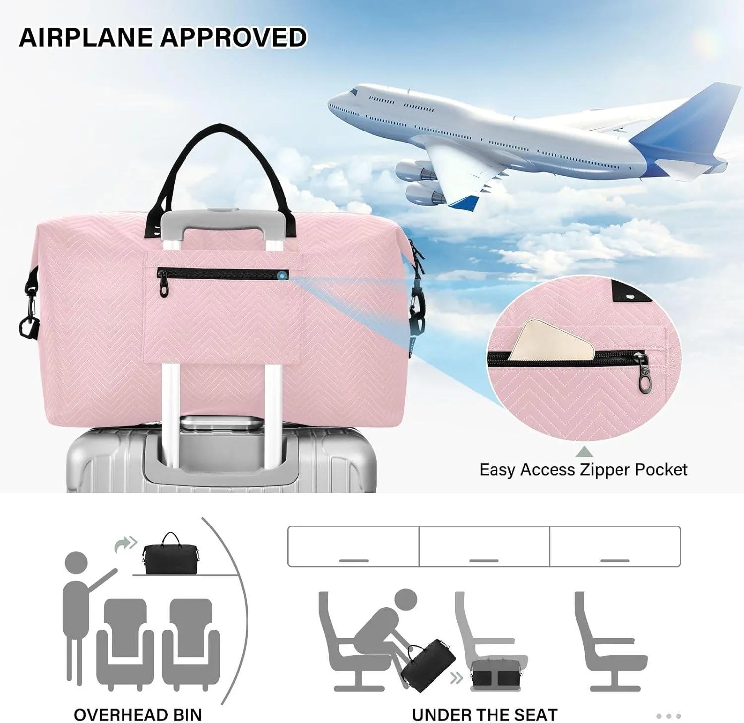 DOMIKING Light Pink Personalized Duffel Bag Foldable Weekender Bag Overnight Bags for Women Men Custom Gym Bag with Toiletry Bag for Trip Business Weekend, 2 Pcs