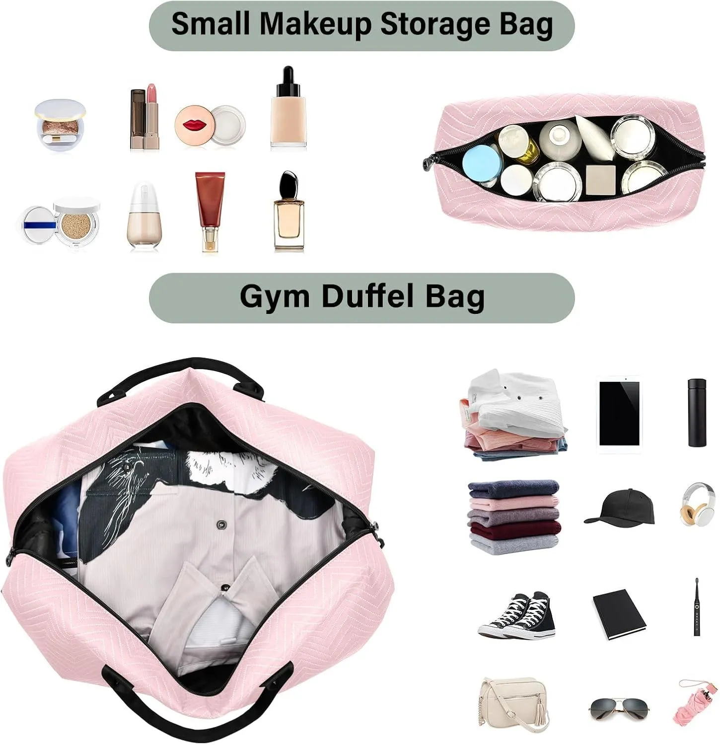 DOMIKING Light Pink Personalized Duffel Bag Foldable Weekender Bag Overnight Bags for Women Men Custom Gym Bag with Toiletry Bag for Trip Business Weekend, 2 Pcs