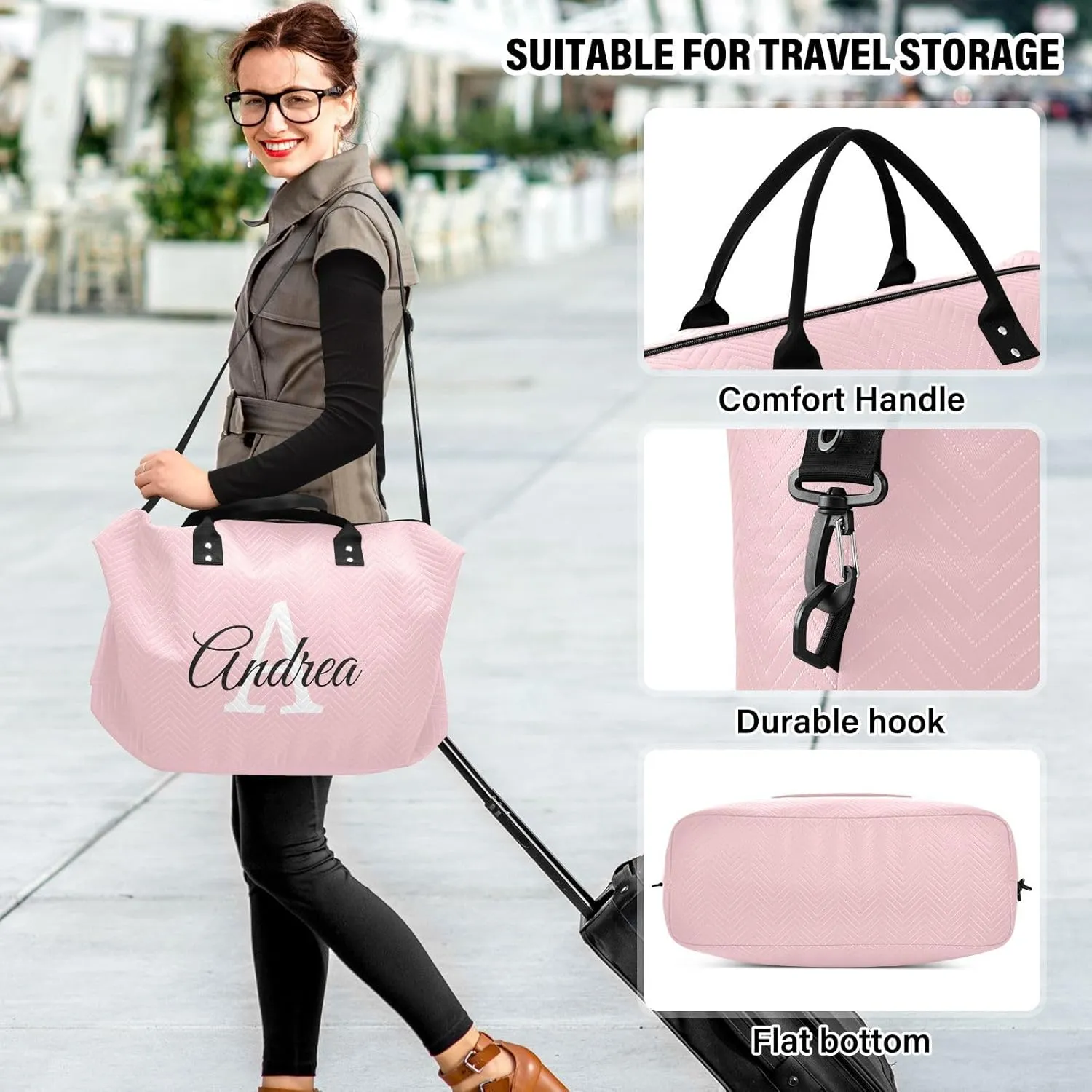 DOMIKING Light Pink Personalized Duffel Bag Foldable Weekender Bag Overnight Bags for Women Men Custom Gym Bag with Toiletry Bag for Trip Business Weekend, 2 Pcs