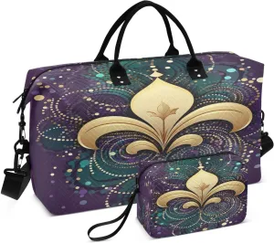 DOMIKING Mardi Gras Carnival Travel Duffle Bag Foldable Weekender Overnight Bags for Women Men Carry On Gym Bag Personal Item Travel Bag with Toiletry Bag for Trip Sport Gym Business, 2 Pcs