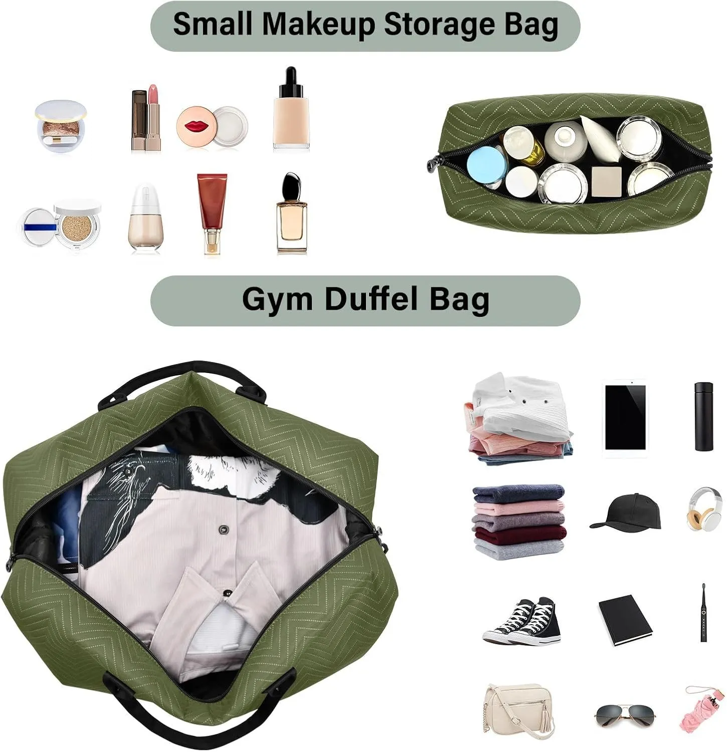 DOMIKING Olive Green Travel Duffle Bag Foldable Weekender Overnight Bags for Women Men Carry On Gym Bag Personal Item Travel Bag with Toiletry Bag for Yoga Business Travel, 2 Pcs