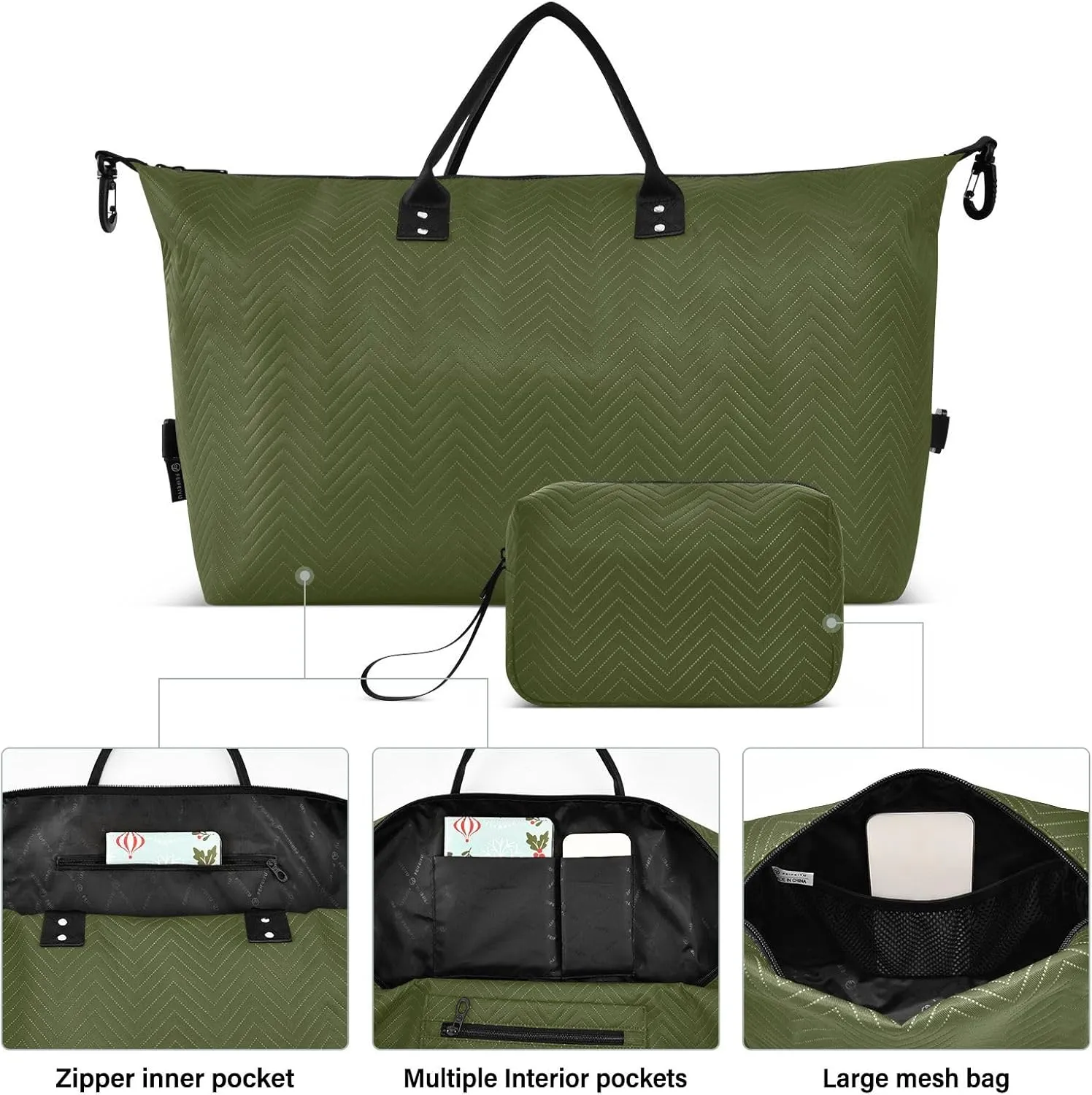 DOMIKING Olive Green Travel Duffle Bag Foldable Weekender Overnight Bags for Women Men Carry On Gym Bag Personal Item Travel Bag with Toiletry Bag for Yoga Business Travel, 2 Pcs
