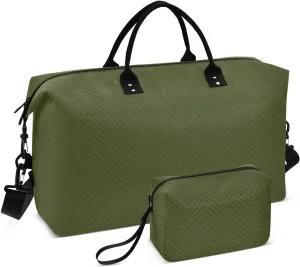 DOMIKING Olive Green Travel Duffle Bag Foldable Weekender Overnight Bags for Women Men Carry On Gym Bag Personal Item Travel Bag with Toiletry Bag for Yoga Business Travel, 2 Pcs