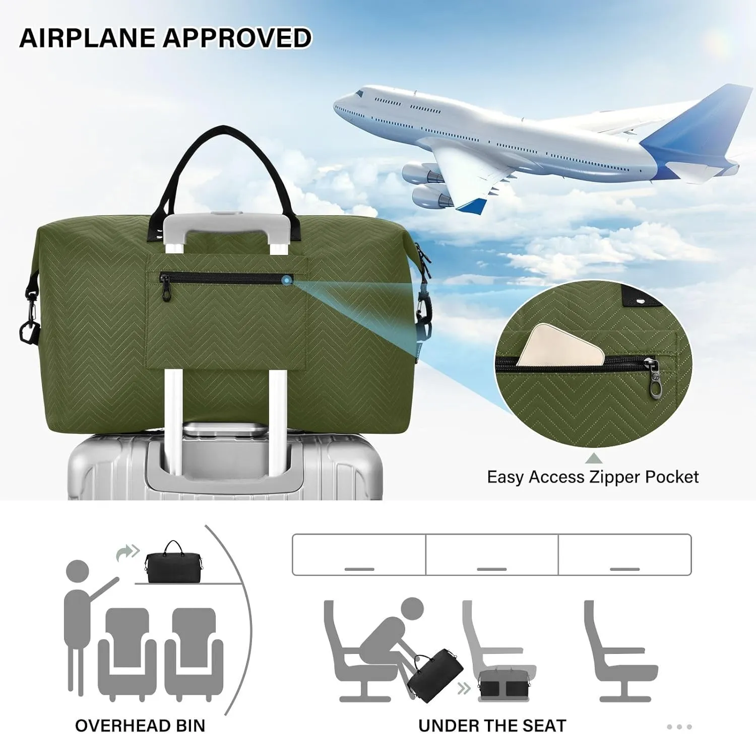 DOMIKING Olive Green Travel Duffle Bag Foldable Weekender Overnight Bags for Women Men Carry On Gym Bag Personal Item Travel Bag with Toiletry Bag for Yoga Business Travel, 2 Pcs