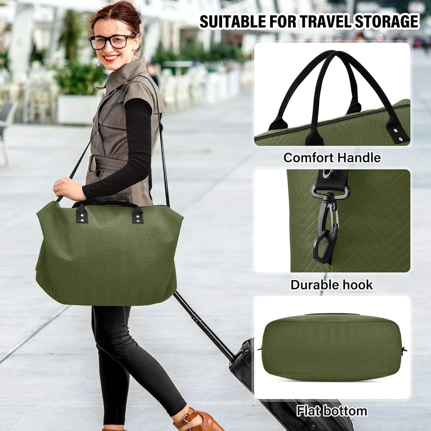 DOMIKING Olive Green Travel Duffle Bag Foldable Weekender Overnight Bags for Women Men Carry On Gym Bag Personal Item Travel Bag with Toiletry Bag for Yoga Business Travel, 2 Pcs