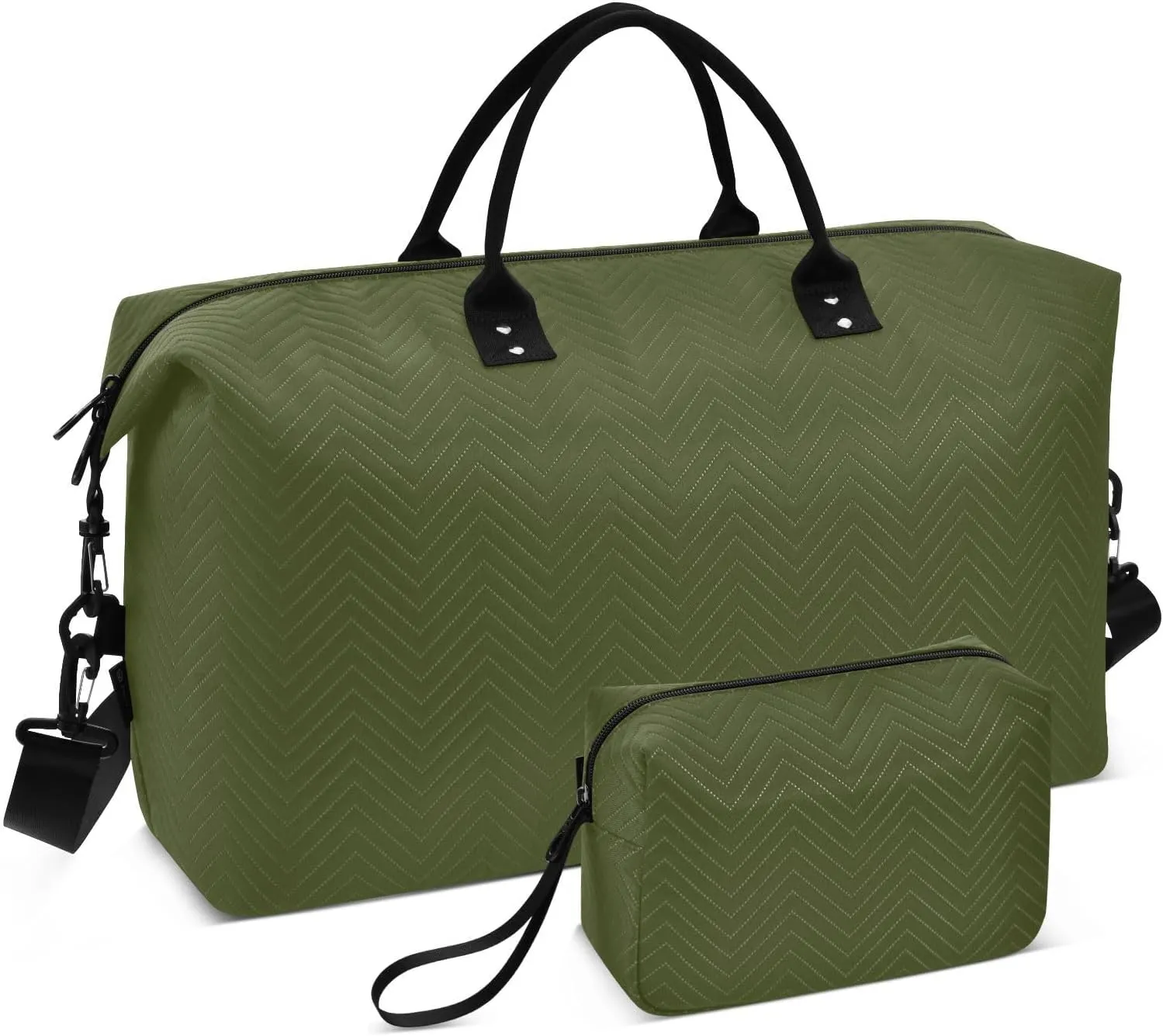 DOMIKING Olive Green Travel Duffle Bag Foldable Weekender Overnight Bags for Women Men Carry On Gym Bag Personal Item Travel Bag with Toiletry Bag for Yoga Business Travel, 2 Pcs