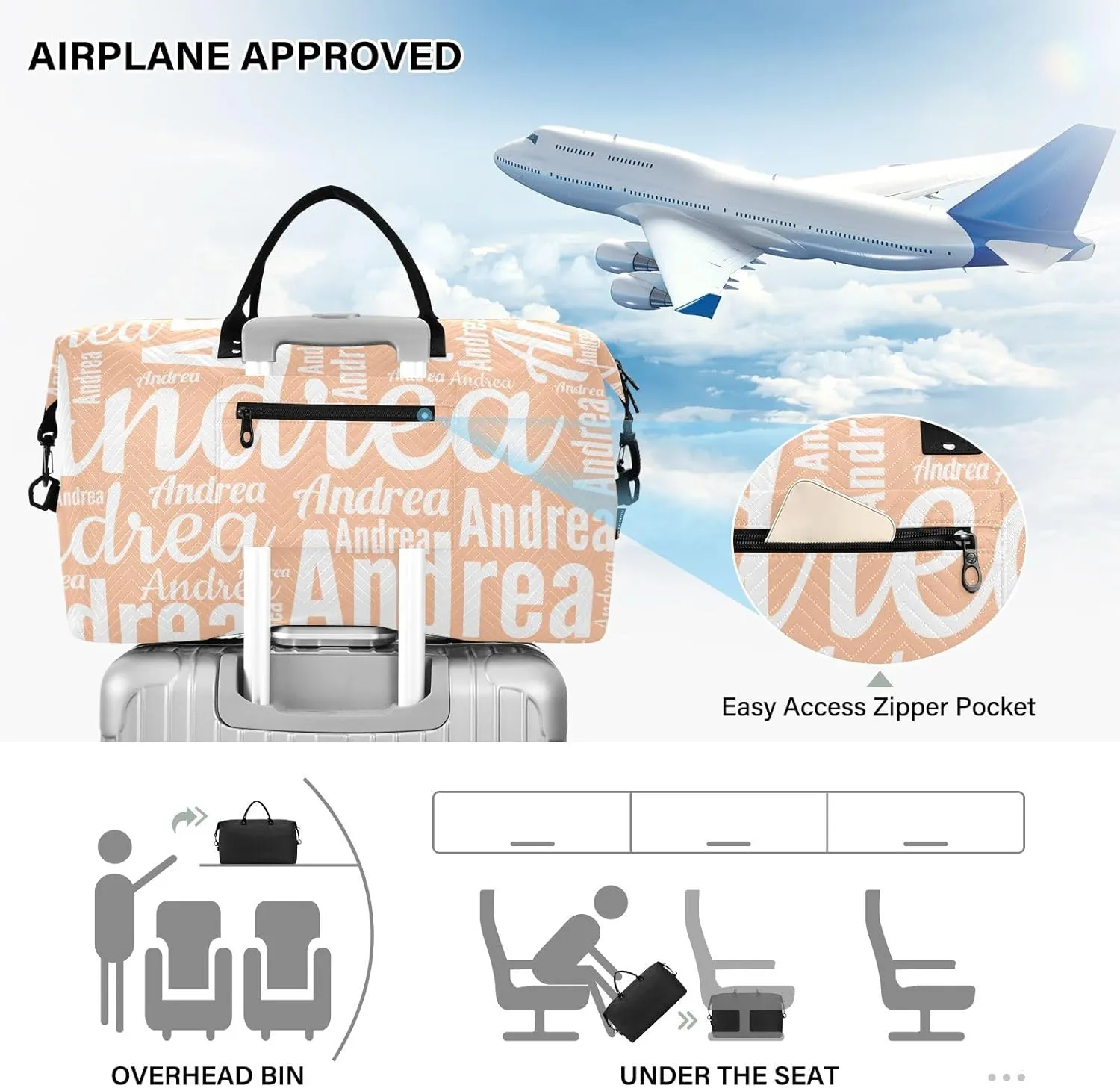 DOMIKING Peach Fuzz Orange Personalized Duffel Bag Foldable Weekender Bag Overnight Bags for Women Men Custom Travel Bag with Toiletry Bag for Women Business Weekend, 2 Pcs