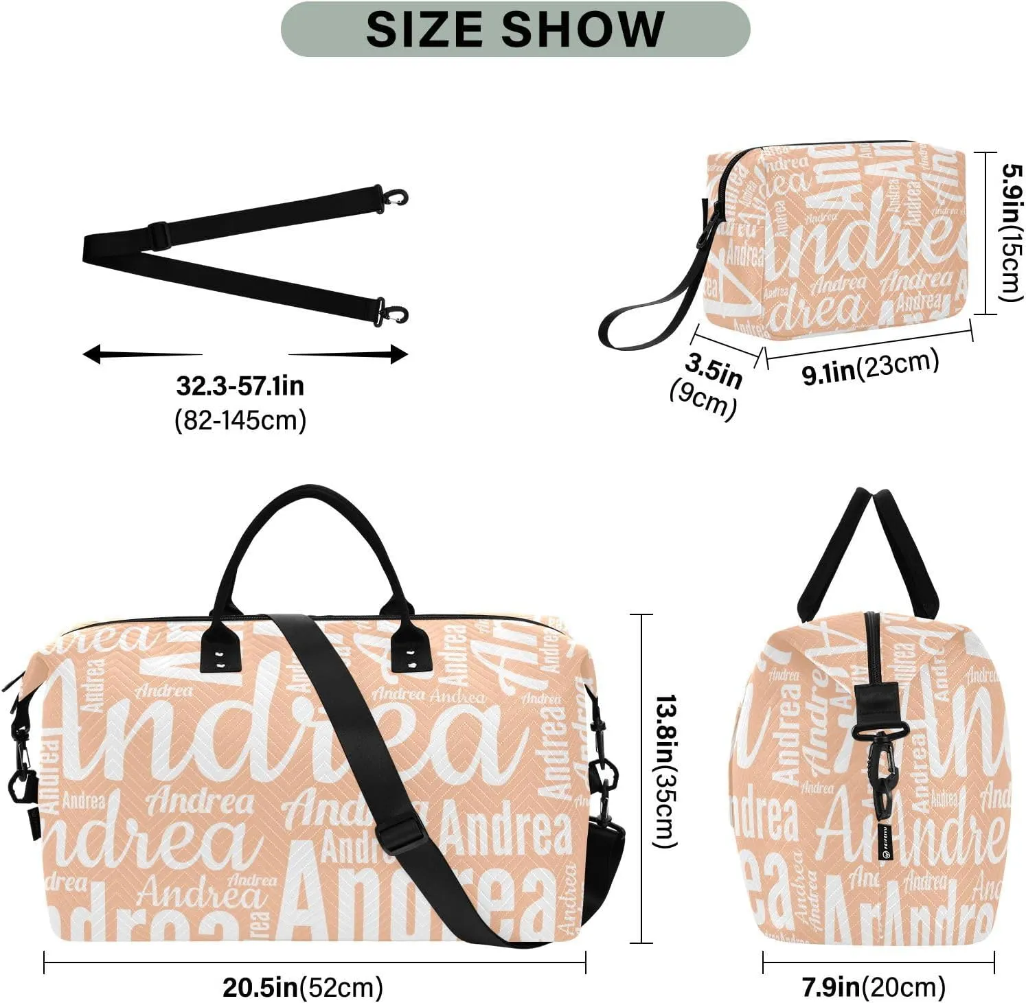 DOMIKING Peach Fuzz Orange Personalized Duffel Bag Foldable Weekender Bag Overnight Bags for Women Men Custom Travel Bag with Toiletry Bag for Women Business Weekend, 2 Pcs