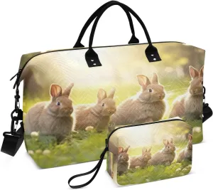 DOMIKING Rabbit Sunlight Travel Duffle Bag Foldable Weekender Overnight Bags for Women Men Carry On Tote Bag Personal Item Travel Bag with Toiletry Bag for Yoga Business Travel, 2 Pcs