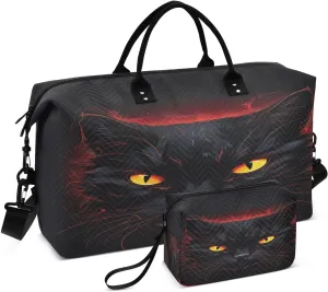 DOMIKING Vintage Black Cat Eyes Travel Duffle Bag Foldable Weekender Overnight Bags for Women Men Carry On Bag Personal Item Travel Bag with Toiletry Bag for Trip Sport Gym Business, 2 Pcs