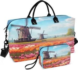 DOMIKING Windmill Tulip Flowers Travel Duffle Bag Foldable Weekender Overnight Bags for Women Men Carry On Tote Bag Personal Item Travel Bag with Toiletry Bag for Weekend Business Trip, 2 Pcs