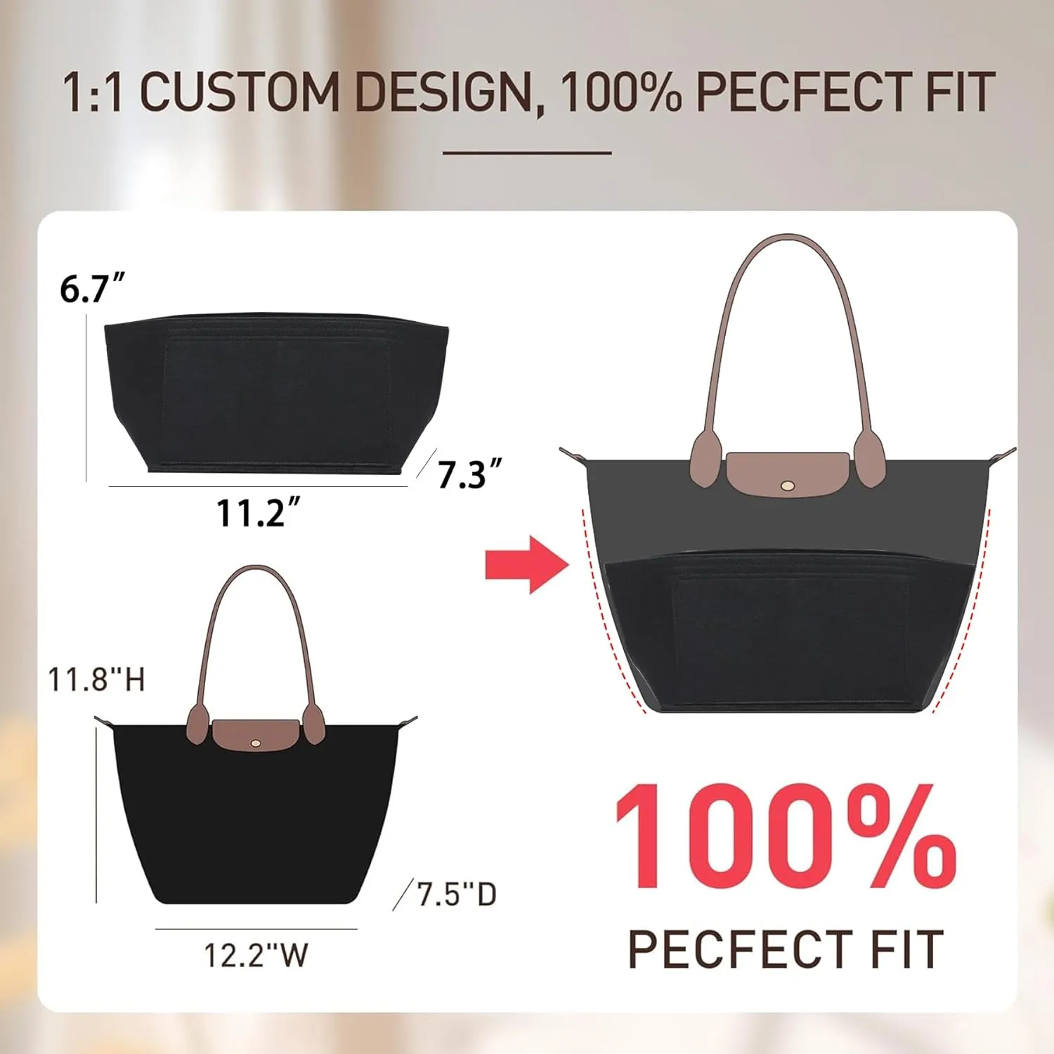 Doxo Longchamp Purse Organizer Insert Compatible with Le pliage Large and More, Felt Bag Liner Keeps Tote Handbags Shaped & Neat (Black,Large)