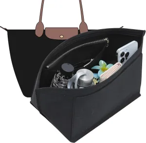 Doxo Longchamp Purse Organizer Insert Compatible with Le pliage Large and More, Felt Bag Liner Keeps Tote Handbags Shaped & Neat (Black,Large)