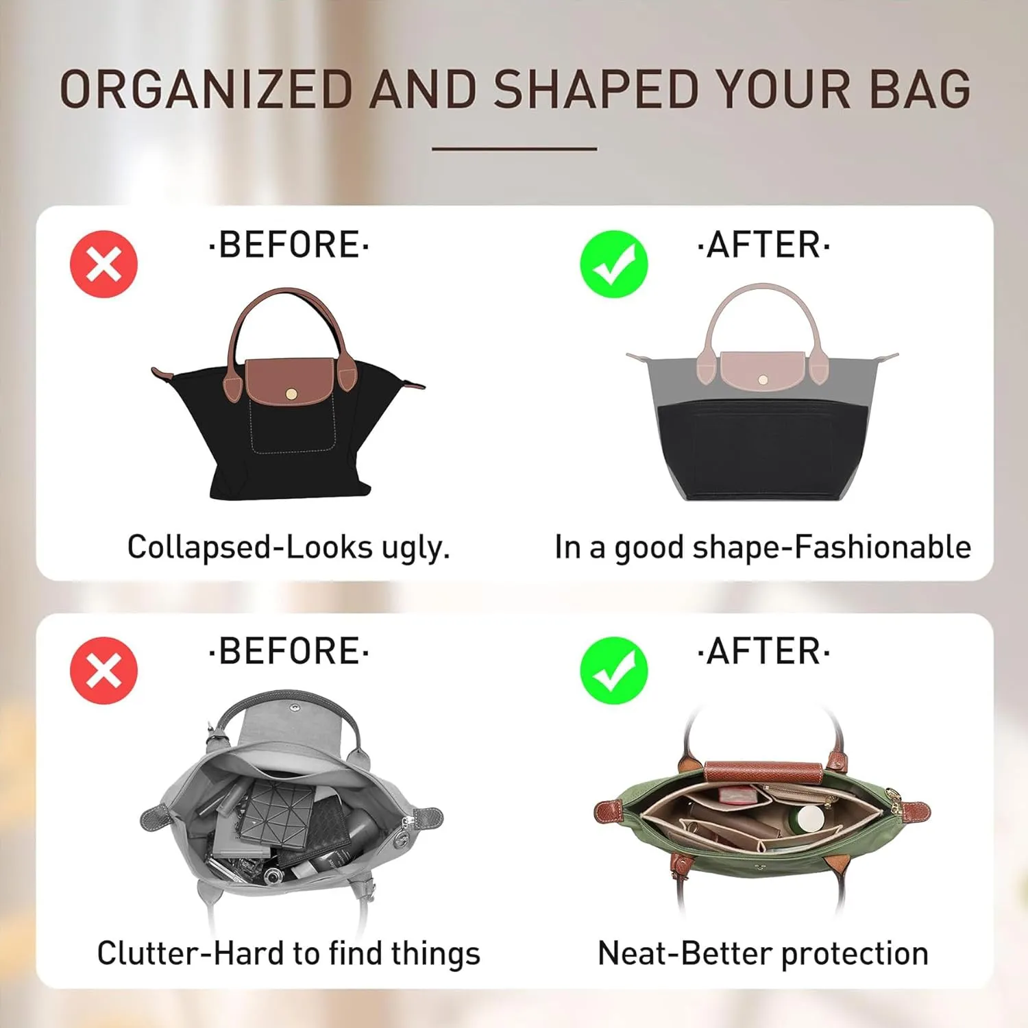 Doxo Longchamp Purse Organizer Insert Compatible with Le pliage Large and More, Felt Bag Liner Keeps Tote Handbags Shaped & Neat (Black,Large)