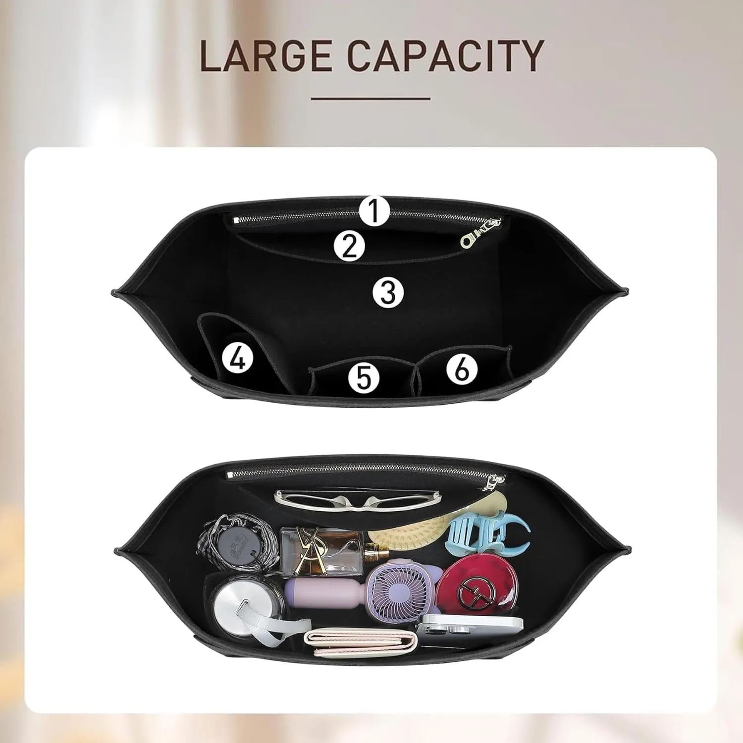 Doxo Longchamp Purse Organizer Insert Compatible with Le pliage Large and More, Felt Bag Liner Keeps Tote Handbags Shaped & Neat (Black,Large)