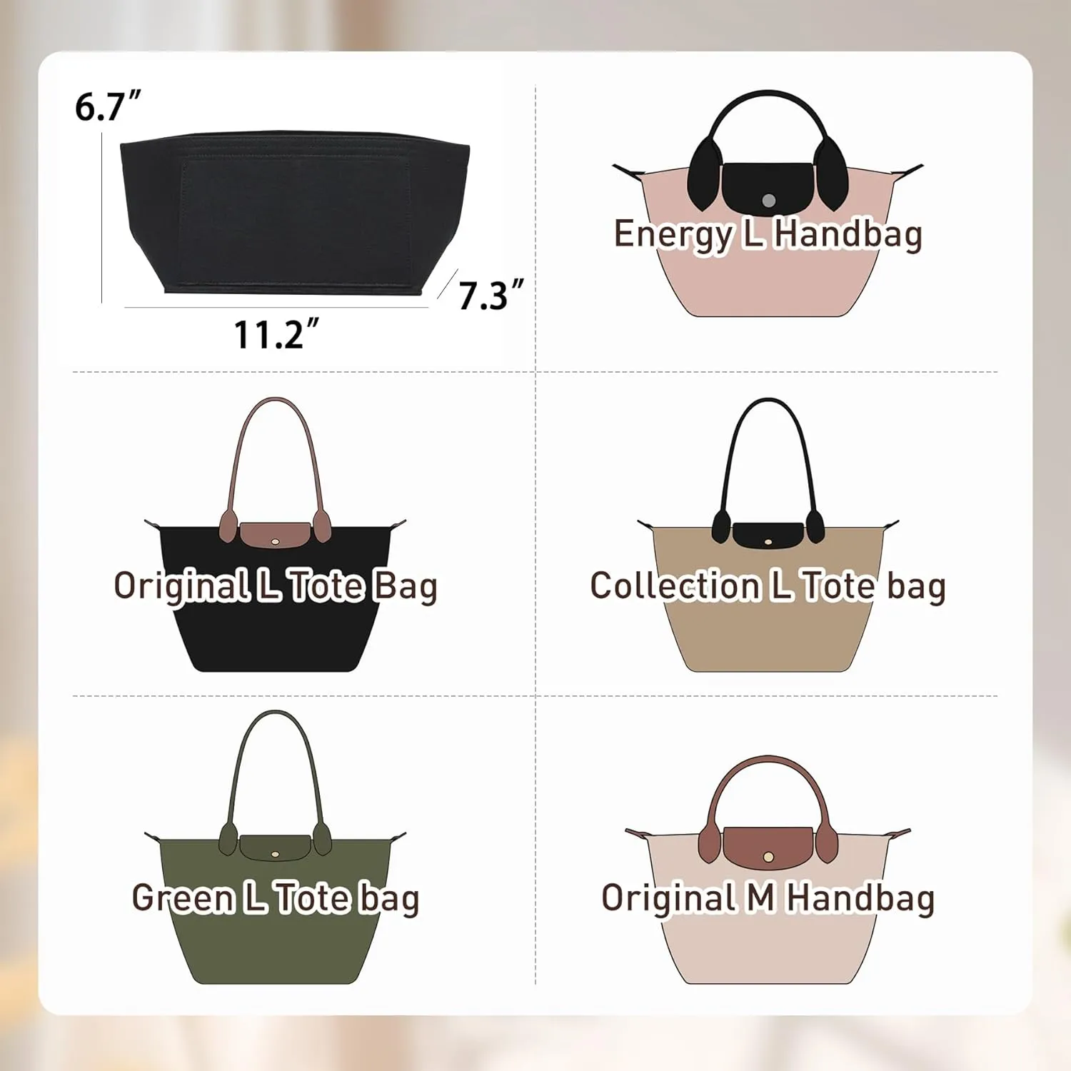 Doxo Longchamp Purse Organizer Insert Compatible with Le pliage Large and More, Felt Bag Liner Keeps Tote Handbags Shaped & Neat (Black,Large)