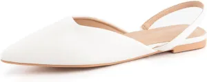 DREAMCIA Slingback White Flats for Women, Pointed-Toe Ballet Flats with Buckle Strap for Elegant Women，Classic Low Heel Dress Shoes for Casual Work Office Party（Size 6.5）