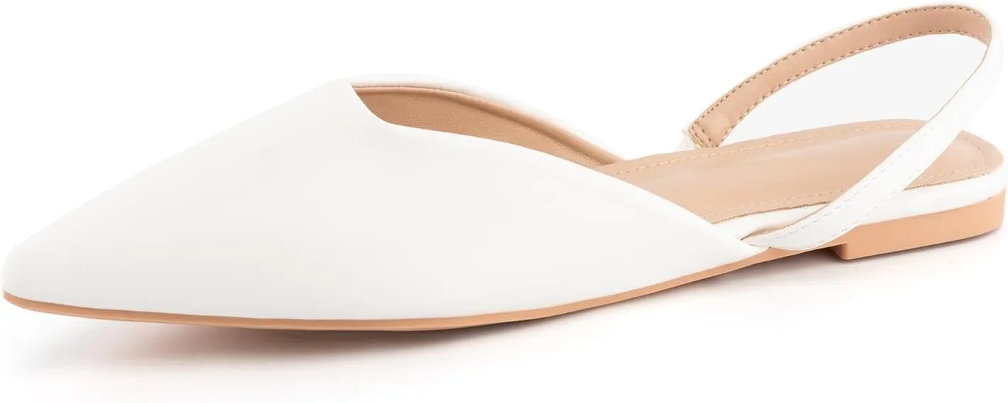 DREAMCIA Slingback White Flats for Women, Pointed-Toe Ballet Flats with Buckle Strap for Elegant Women，Classic Low Heel Dress Shoes for Casual Work Office Party（Size 6.5）