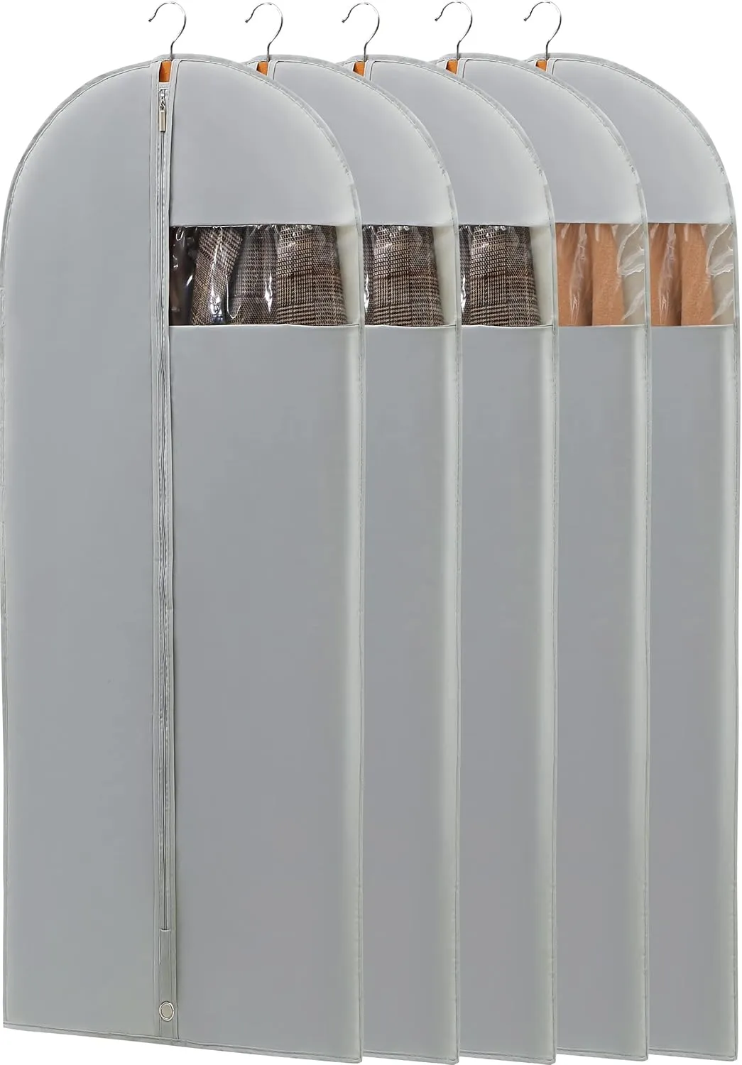 Dress Bags for Gowns, 65'' Long Garment Bags for Hanging Clothes, Dress Garment Bag, Grey Dress Cover with Clear Window for Dresses, Coats, Uniforms - 5 Pack