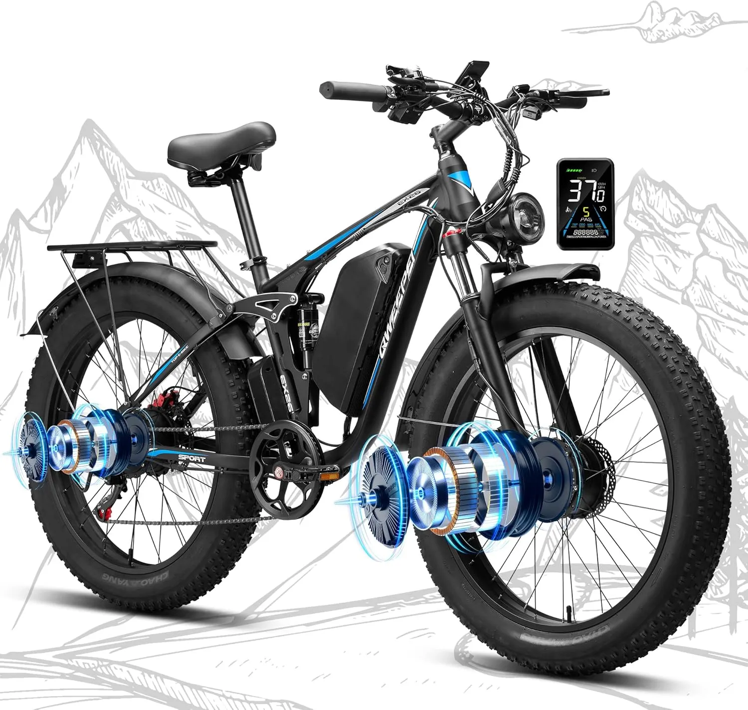 Dual Motor Ebike,37MPH Fast Electric Bike Peak 3000W/5000W 23AH Ebike for Adults UL Certified Battery Commuting Electric Bicycle 87 Miles Long Range 7-Speed 26" Fat Tire Full Suspension E Bike