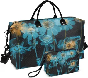 Duffel Bag Set with Toiletry Bag for Travel Gym Sport, Luggage Sleeve Weekender Bags Carry on Overnight Bag-Transparent Blue Floral Print