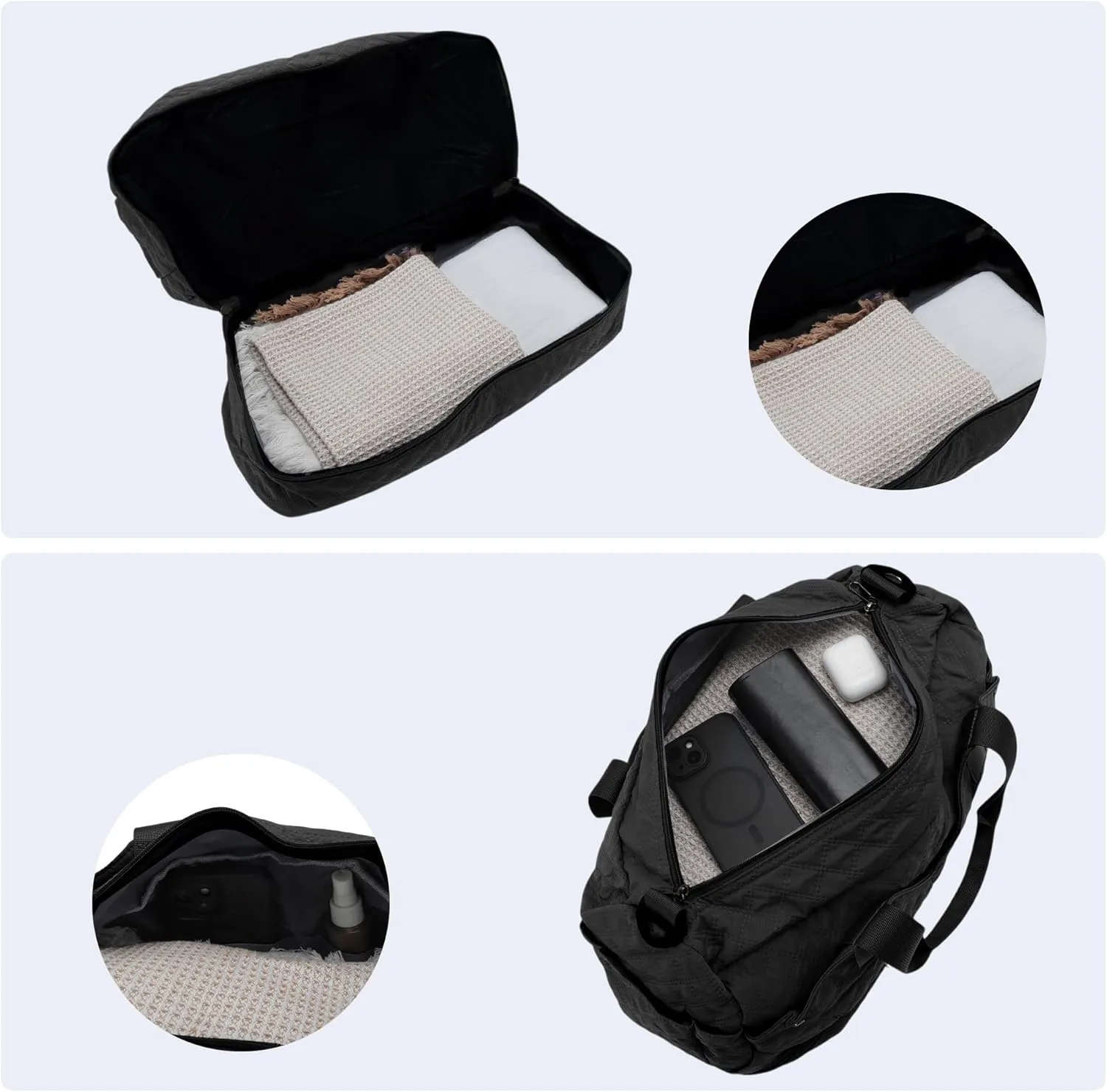Duffle Bag for Travel, Partitioned Design, Travel Duffle Bags, with Fixed Luggage Strap, Shoe Compartment, Black, 2 Pcs