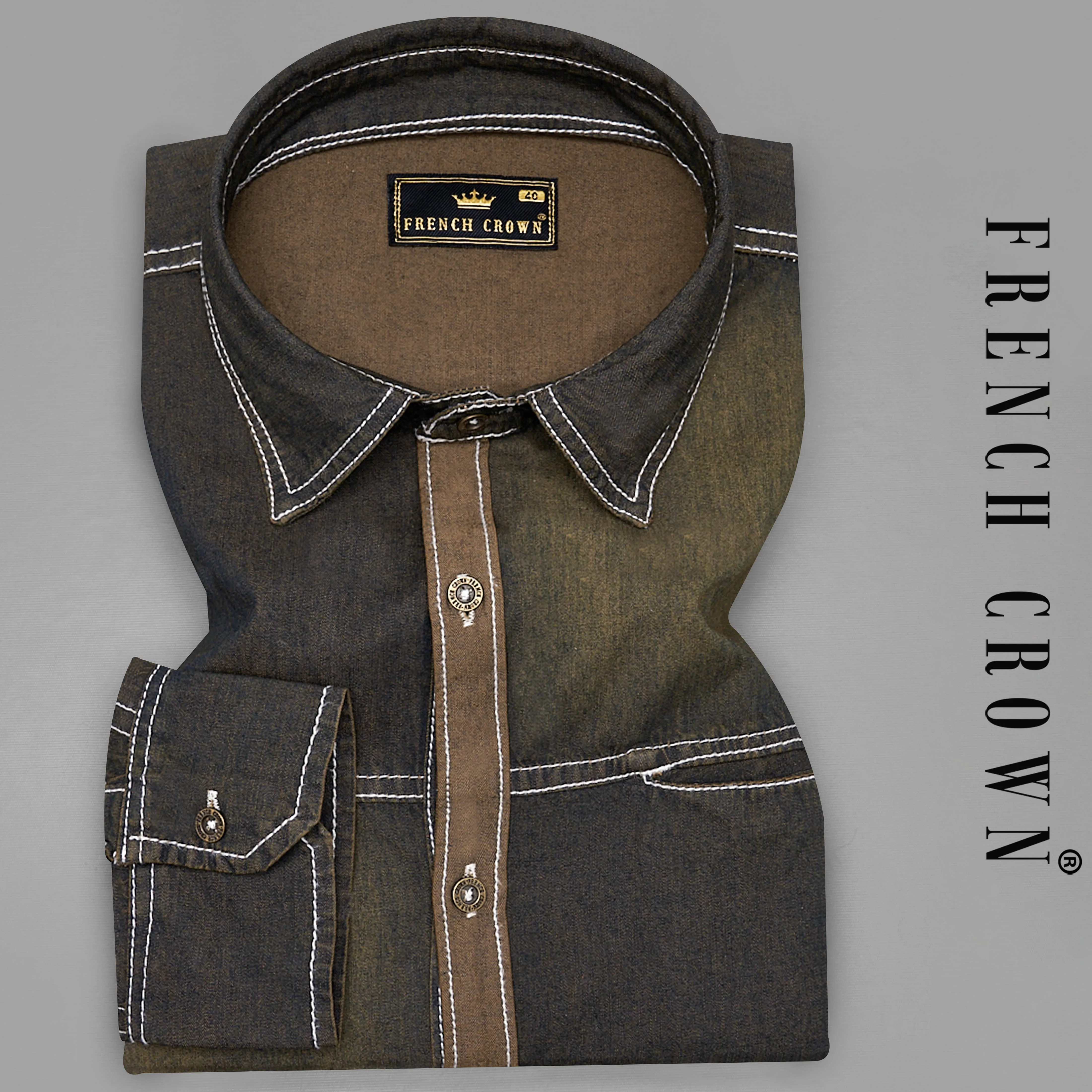 Dune Gray with Judge Brown Summer Denim Designer Shirt With Leather Patch Work