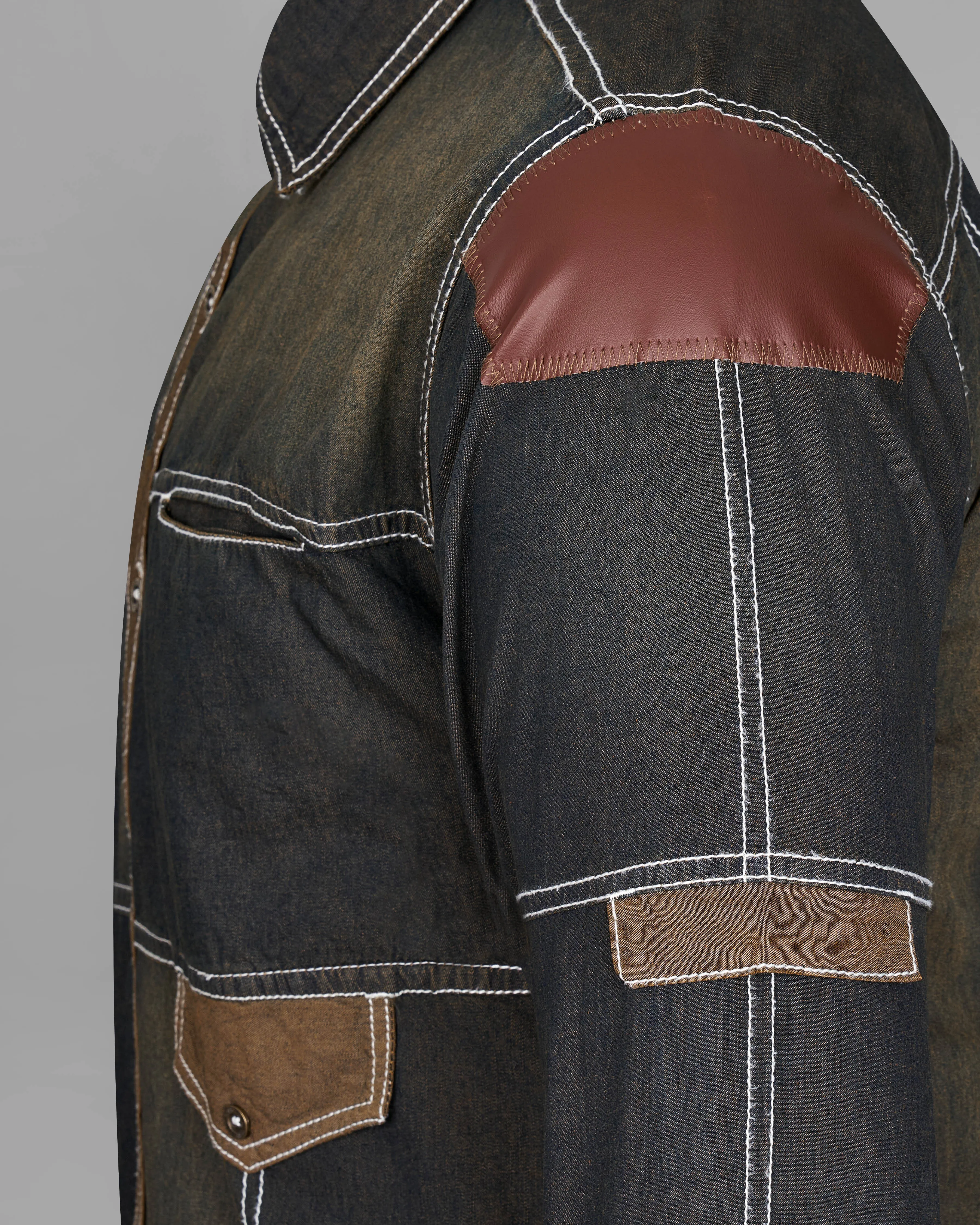Dune Gray with Judge Brown Summer Denim Designer Shirt With Leather Patch Work