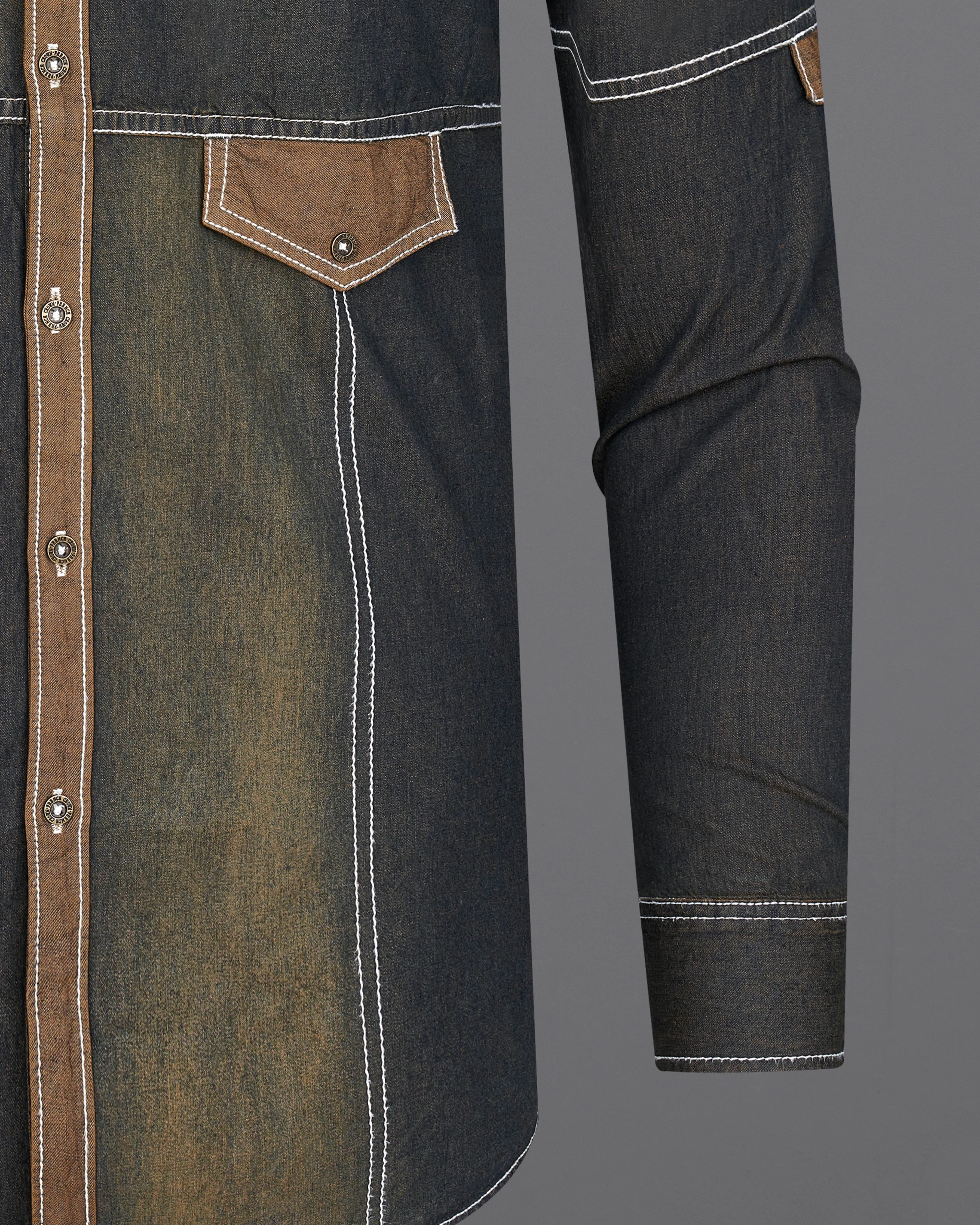 Dune Gray with Judge Brown Summer Denim Designer Shirt With Leather Patch Work