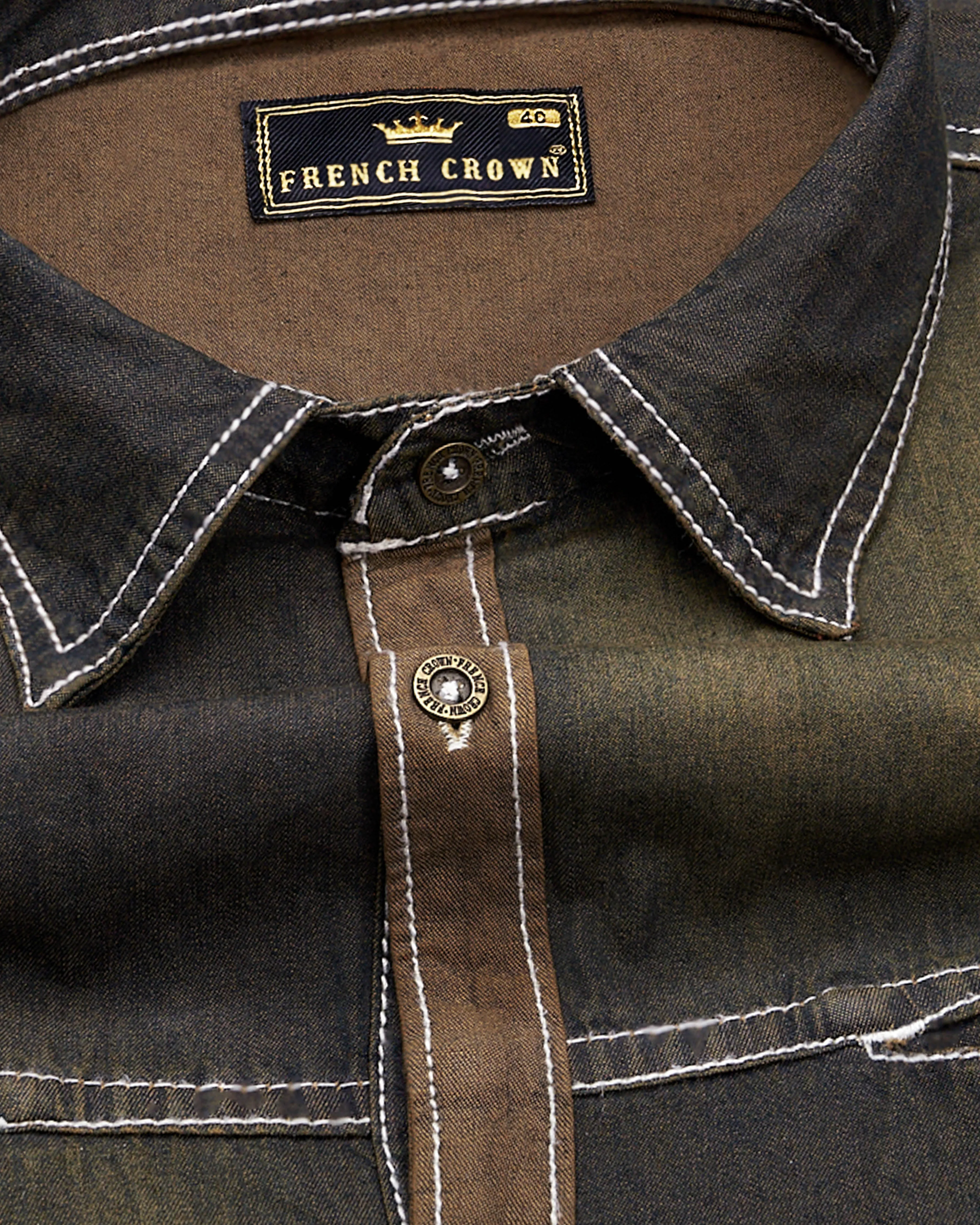 Dune Gray with Judge Brown Summer Denim Designer Shirt With Leather Patch Work